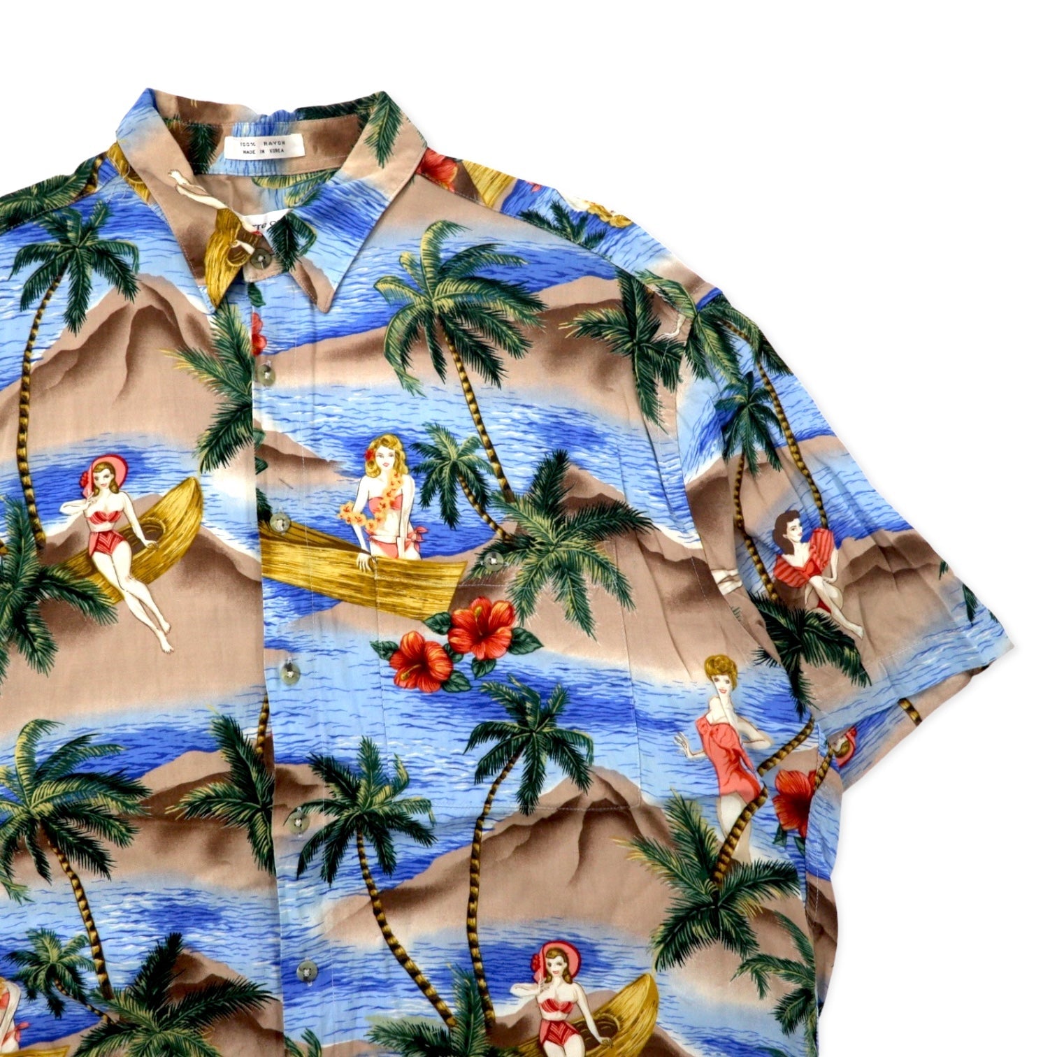 pierre cardin anni '90 camicia hawaiana L blu rayon fantasia beach pin-up girl