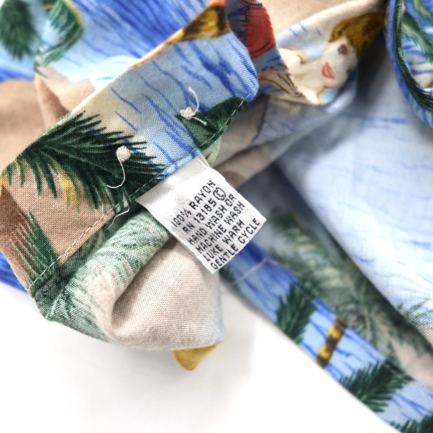 pierre cardin anni '90 camicia hawaiana L blu rayon fantasia beach pin-up girl