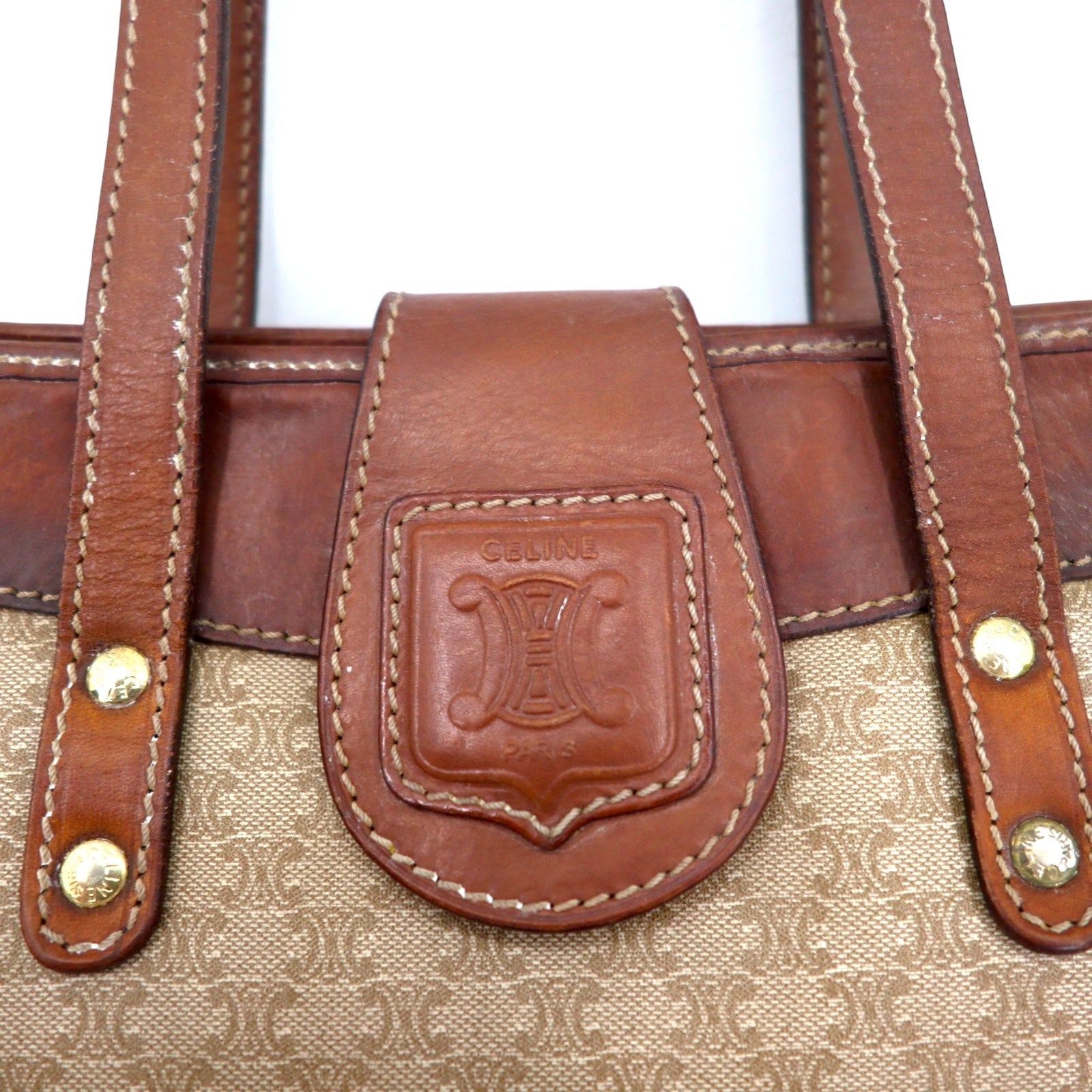 CELINE Tote bag in old Macadam pattern, made in Italy, beige, logo all-over print, riri zip M06