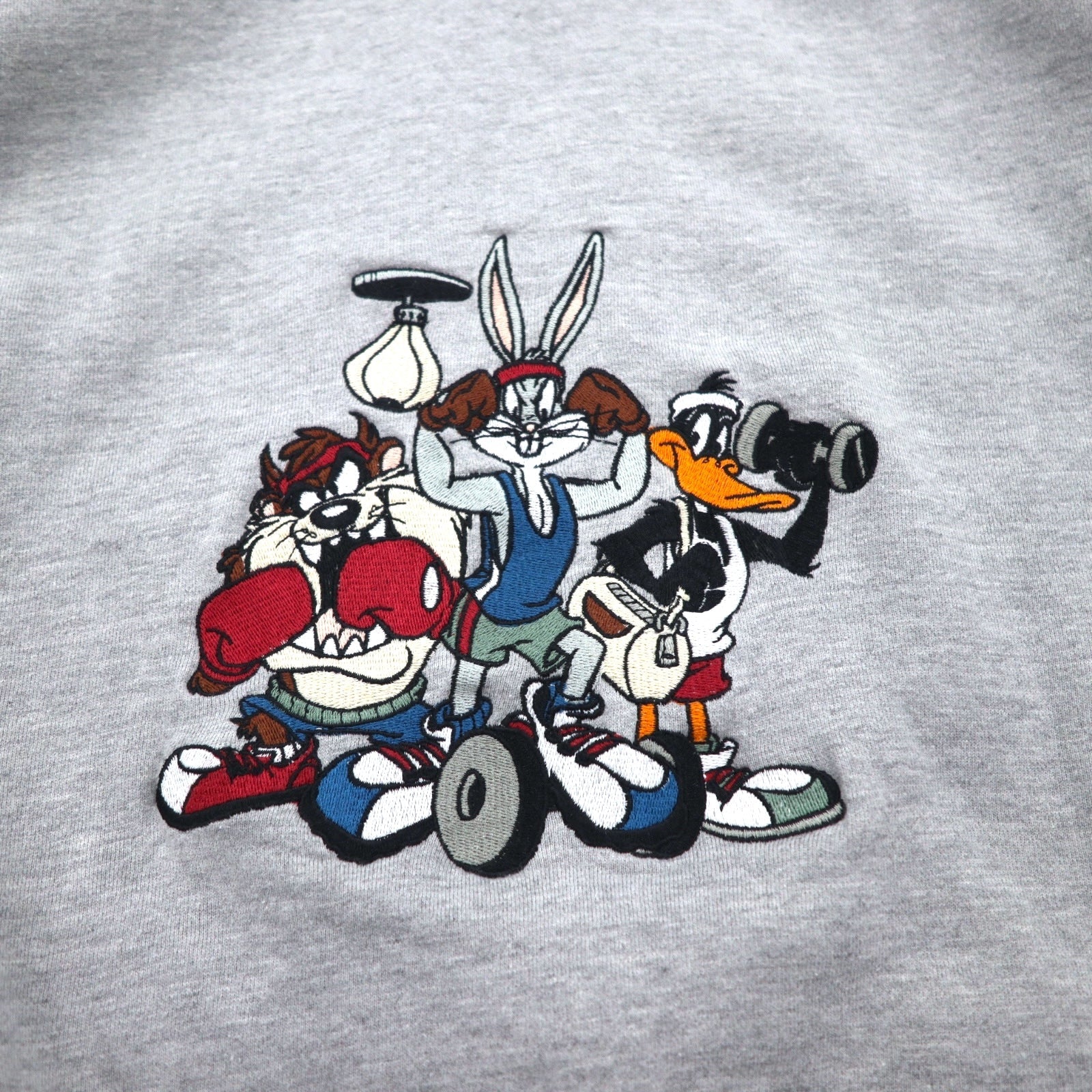 WARNER BROS. Anni '90 Looney Tunes ricamo personaggi felpa con cappuccio a mezza zip XL grigio ACME CLOTHING CO.