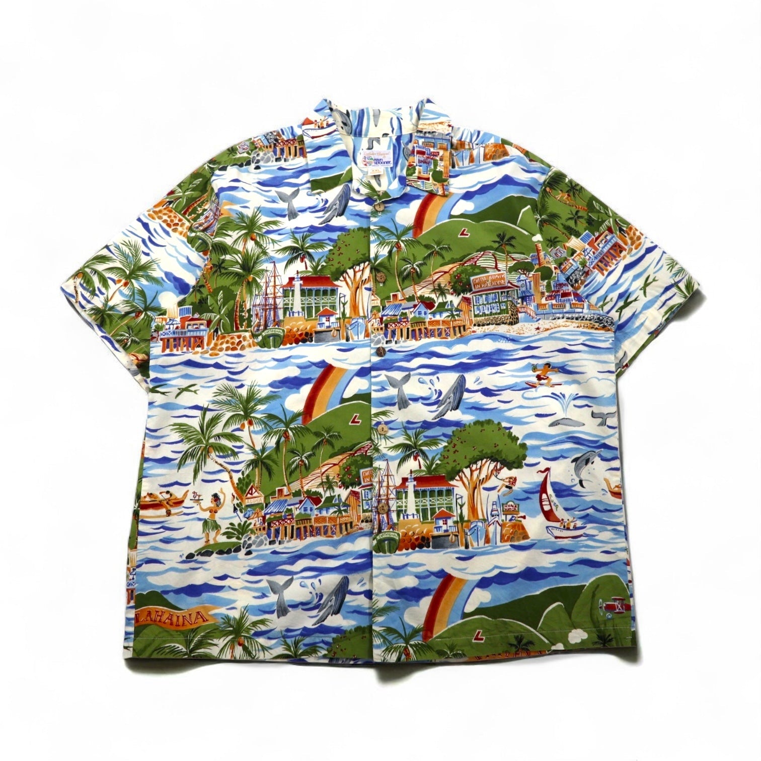 Esclusiva abbigliamento di reyn spooner Anni '90 Non in vendita Fatto alle Hawaii Etichetta bikini Camicia hawaiana 2XL Blu Fantasia all-over