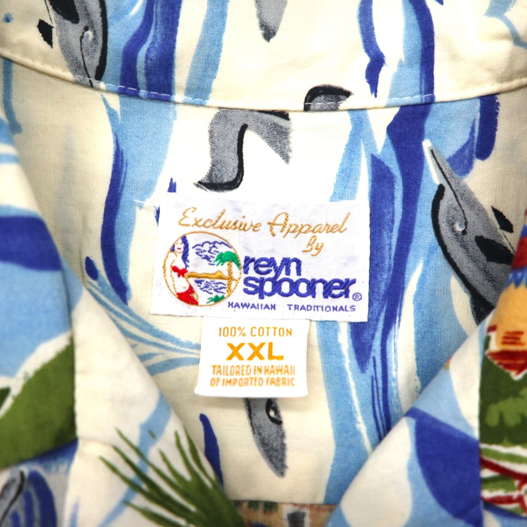 Esclusiva abbigliamento di reyn spooner Anni '90 Non in vendita Fatto alle Hawaii Etichetta bikini Camicia hawaiana 2XL Blu Fantasia all-over
