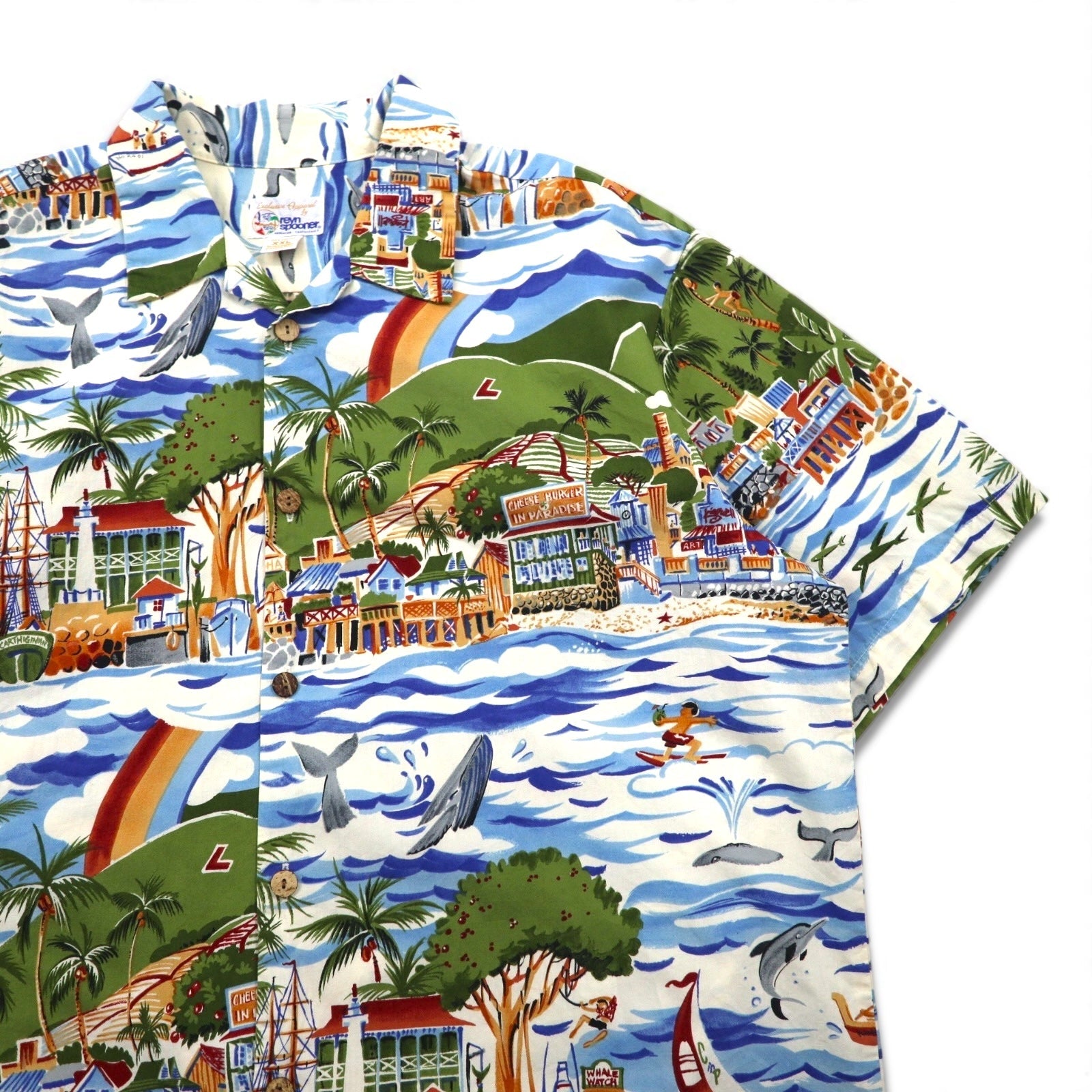 Esclusiva abbigliamento di reyn spooner Anni '90 Non in vendita Fatto alle Hawaii Etichetta bikini Camicia hawaiana 2XL Blu Fantasia all-over