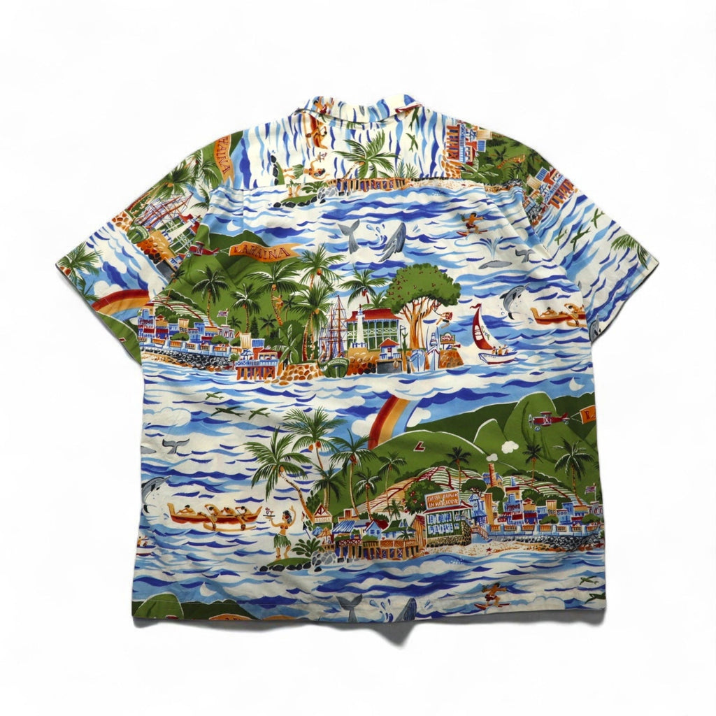 Esclusiva abbigliamento di reyn spooner Anni '90 Non in vendita Fatto alle Hawaii Etichetta bikini Camicia hawaiana 2XL Blu Fantasia all-over