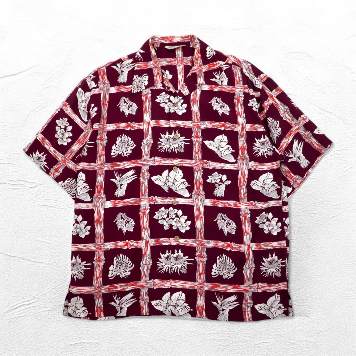 Camicia hawaiana da uomo Navy Flag, aperta con colletto, taglia M, bordeaux, in rayon, fantasia motivo ibisco