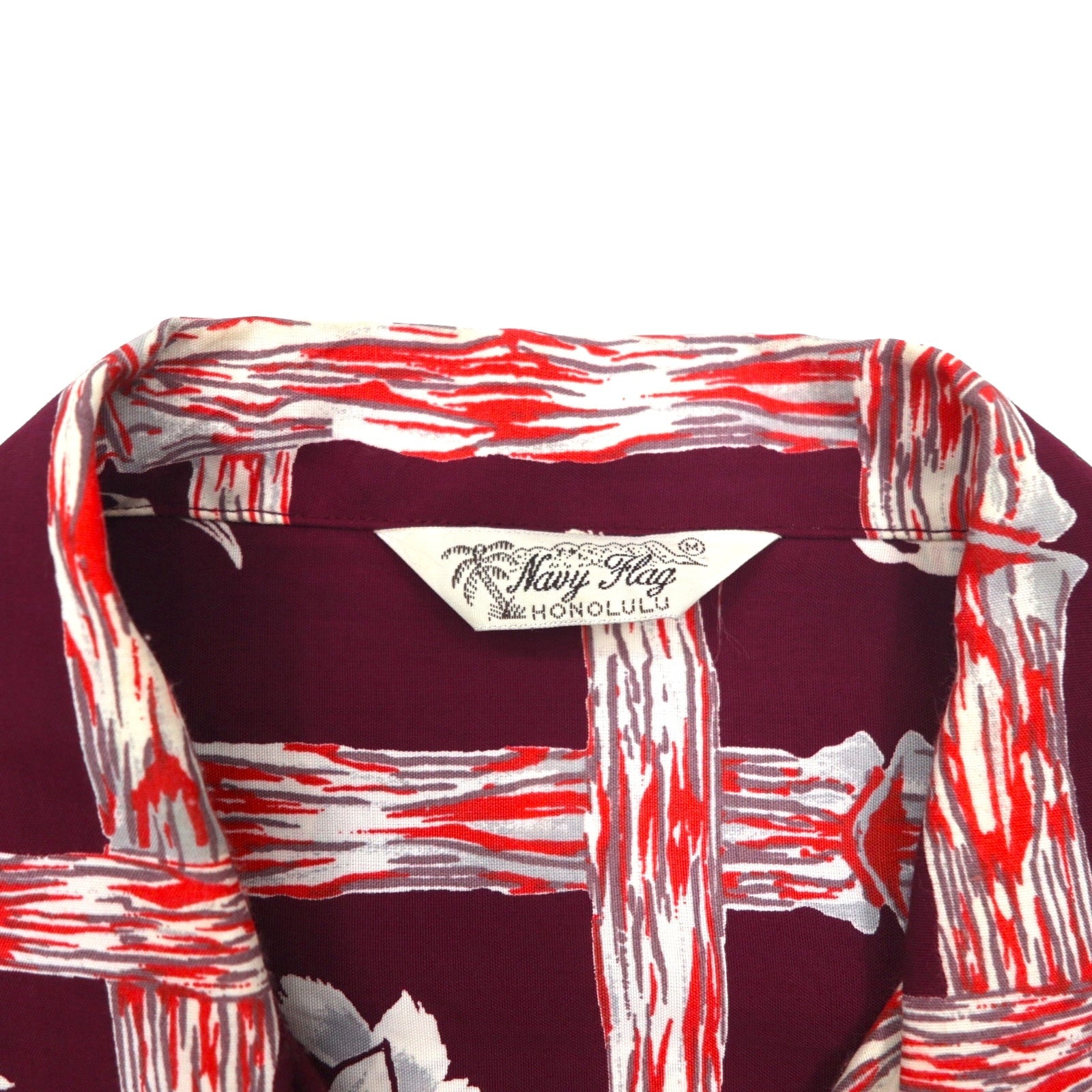 Camicia hawaiana da uomo Navy Flag, aperta con colletto, taglia M, bordeaux, in rayon, fantasia motivo ibisco