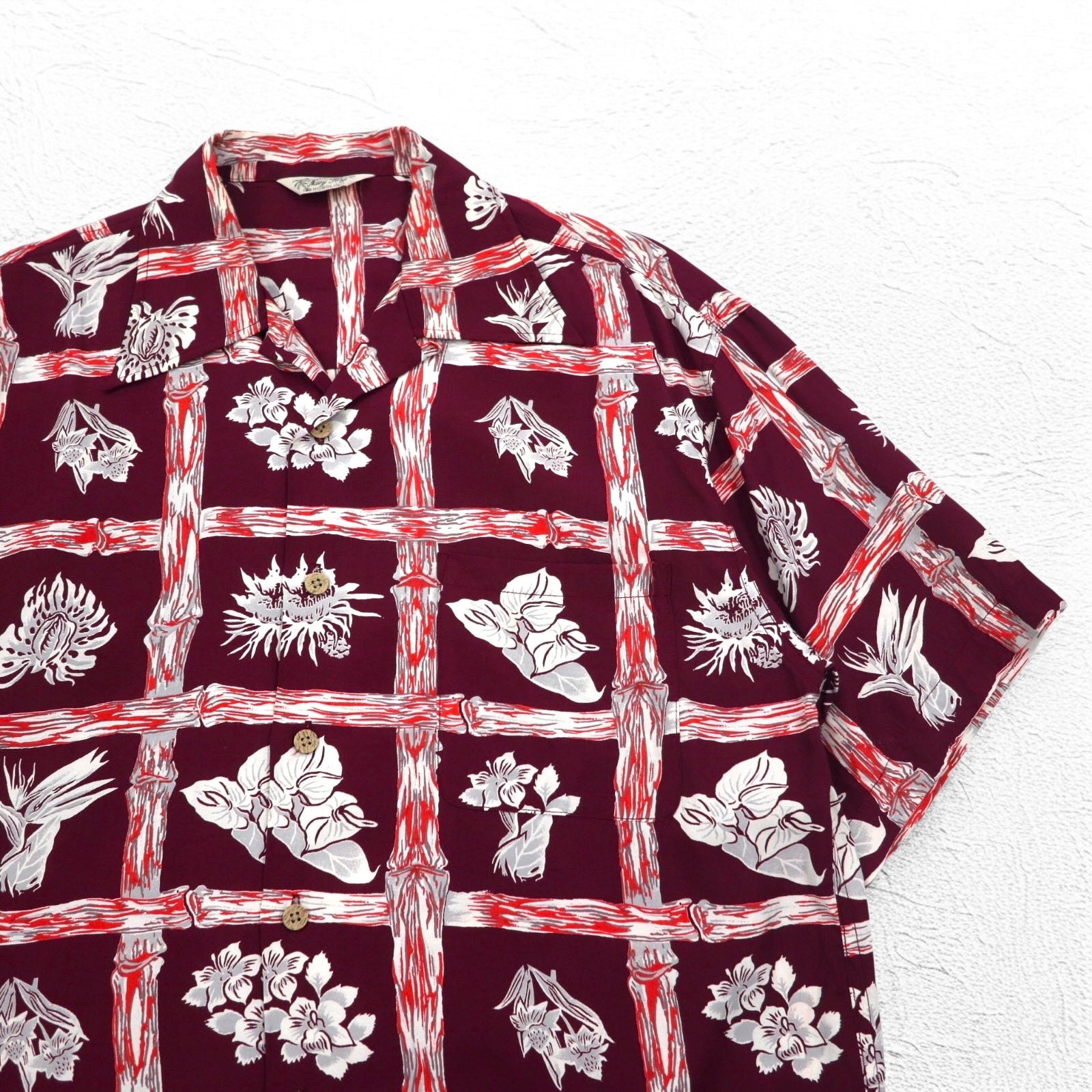 Camicia hawaiana da uomo Navy Flag, aperta con colletto, taglia M, bordeaux, in rayon, fantasia motivo ibisco