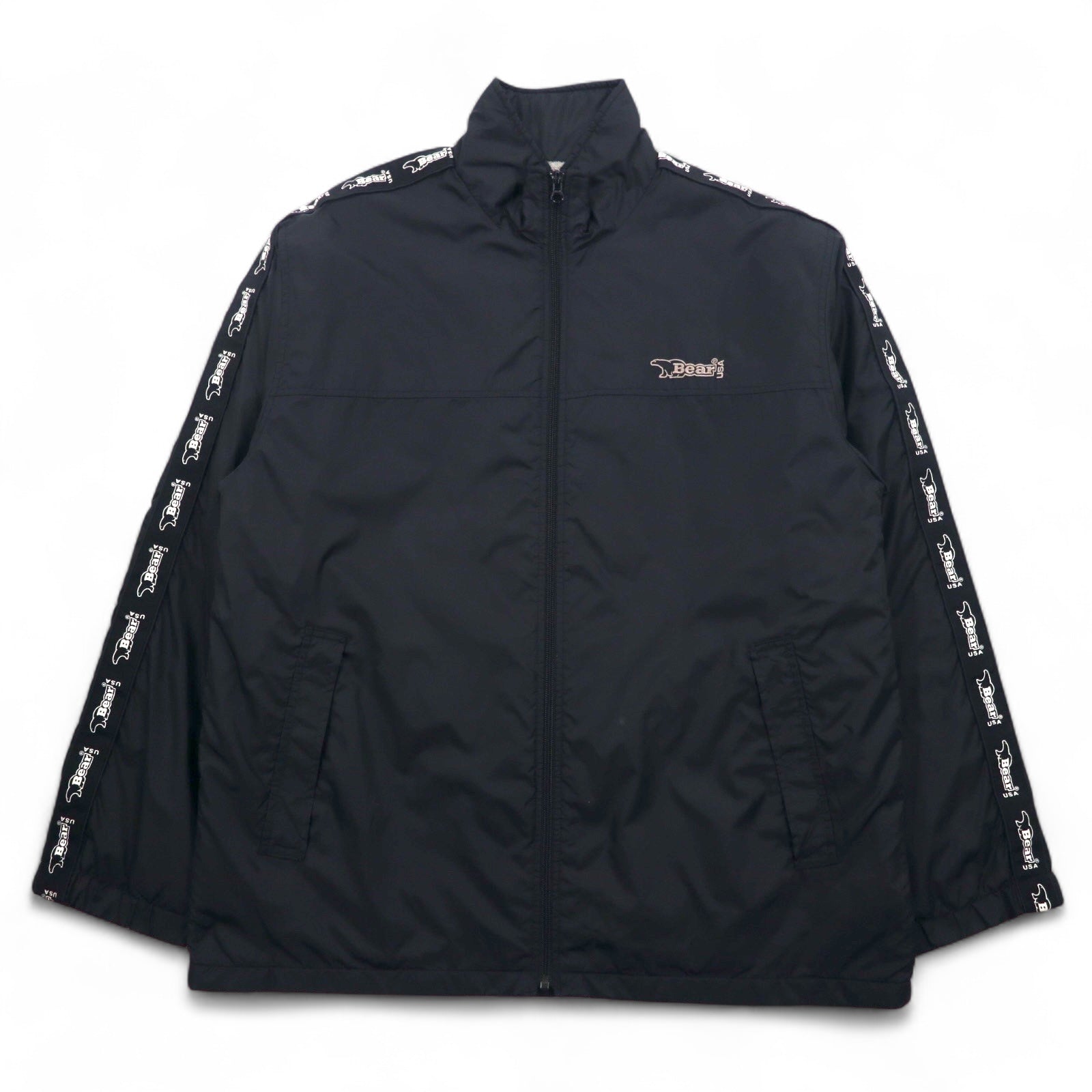 Bear USA anni '90 giacca a collo alto in nylon tuta sportiva XL nera con logo a nastro e striscia laterale