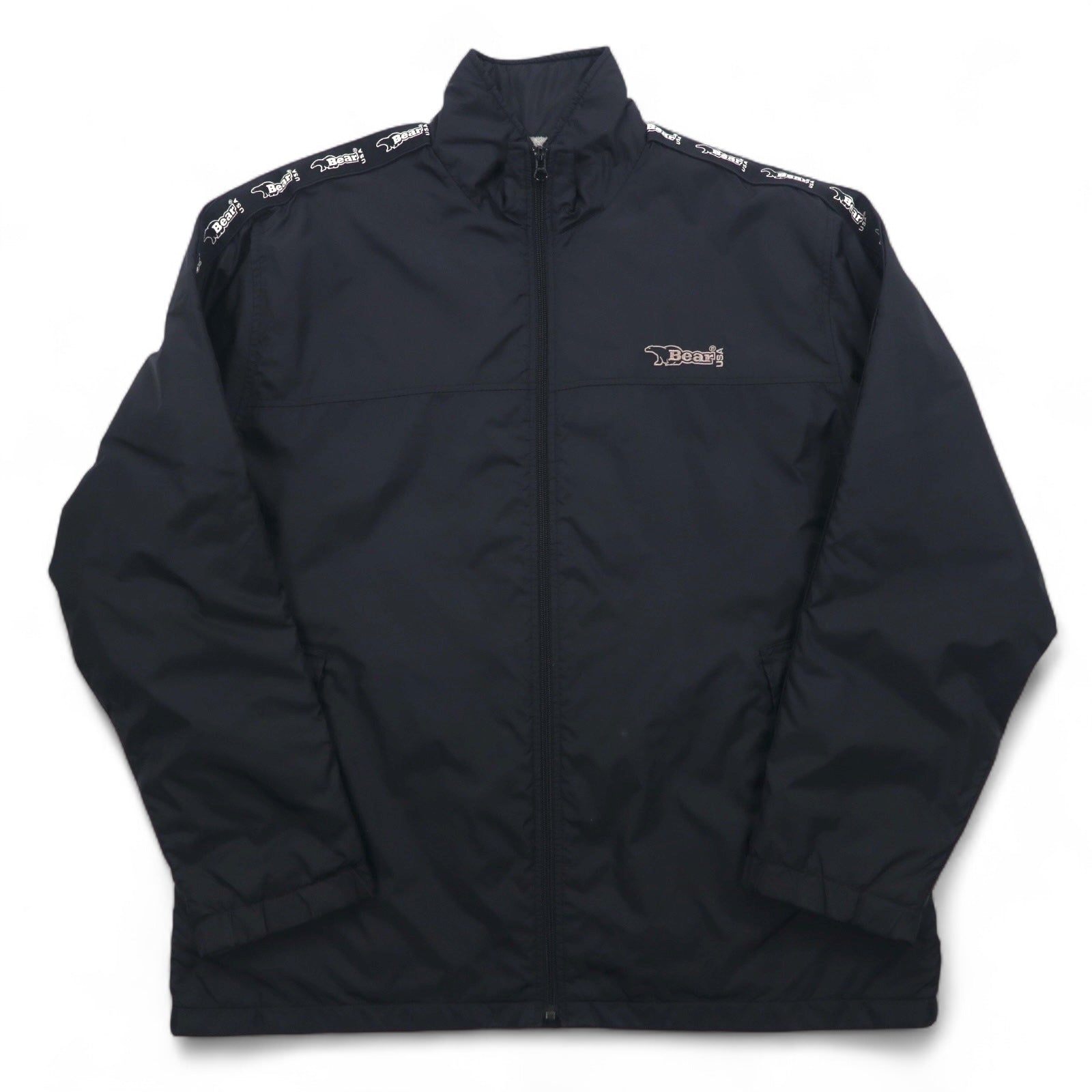 Bear USA anni '90 giacca a collo alto in nylon tuta sportiva XL nera con logo a nastro e striscia laterale