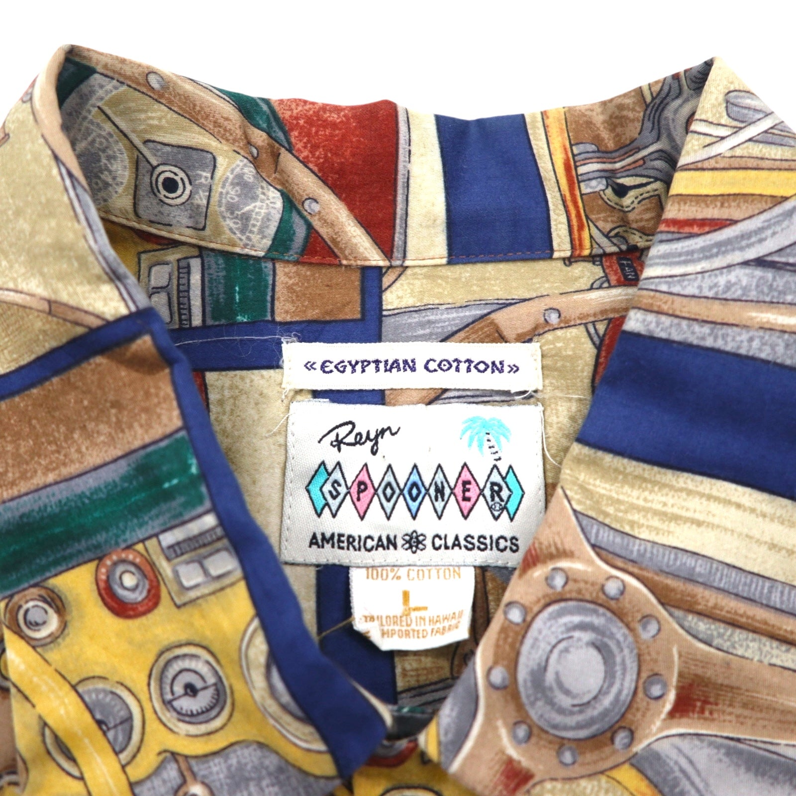 Rayn SPOONER anni '80 Made in Hawaii etichetta Diamond Head AMERICAN CLASSICS camicia hawaiana L Blu navy EGYPTIAN COTTON