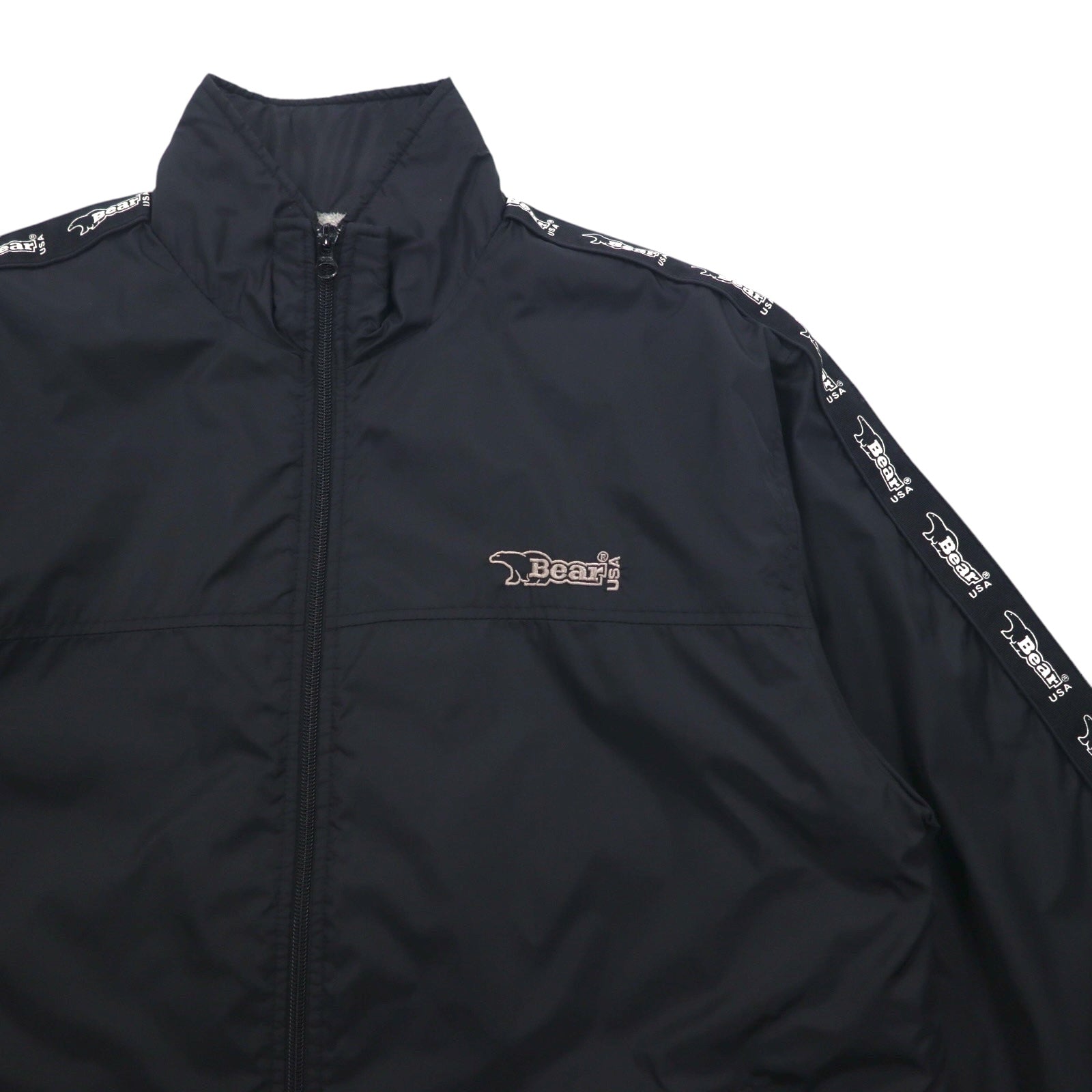 Bear USA anni '90 giacca a collo alto in nylon tuta sportiva XL nera con logo a nastro e striscia laterale