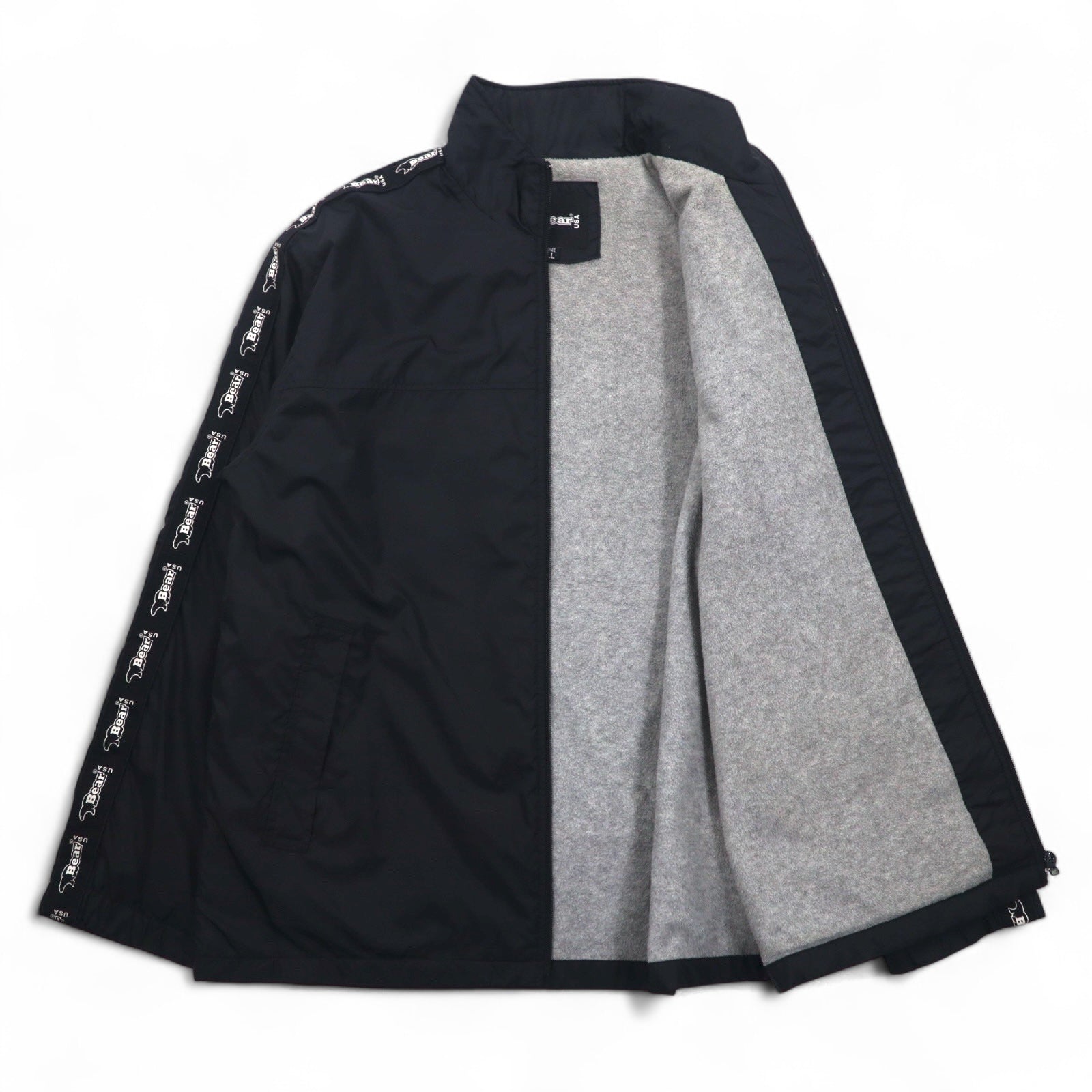 Bear USA anni '90 giacca a collo alto in nylon tuta sportiva XL nera con logo a nastro e striscia laterale