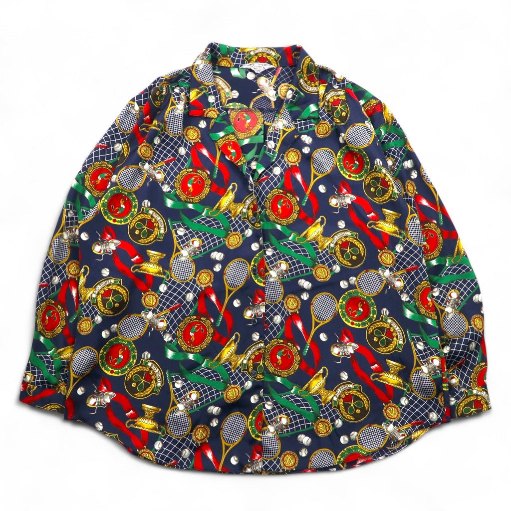 Camicia retrò con collo aperto anni '90, fabbricata in Giappone, motivo a sciarpa Ram Roll, camicia in poliestere, collo aperto, taglia XL, blu navy, stile retrò