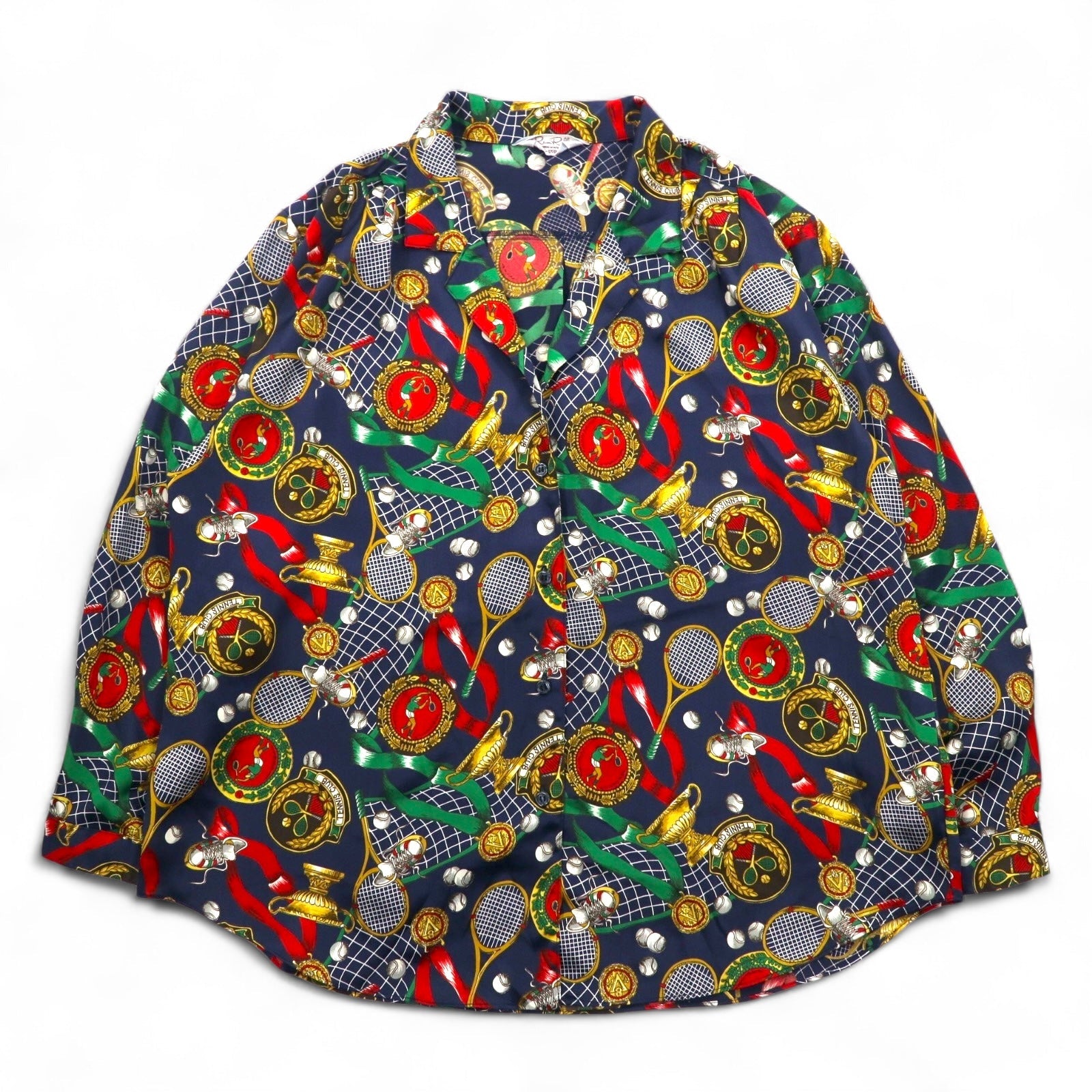 Vintage 90s Japan Made Open Collar Retro Shirt Ram Roll スカーフ柄 オープンカラーシャツ ポリシャツ XL ネイビー レトロ