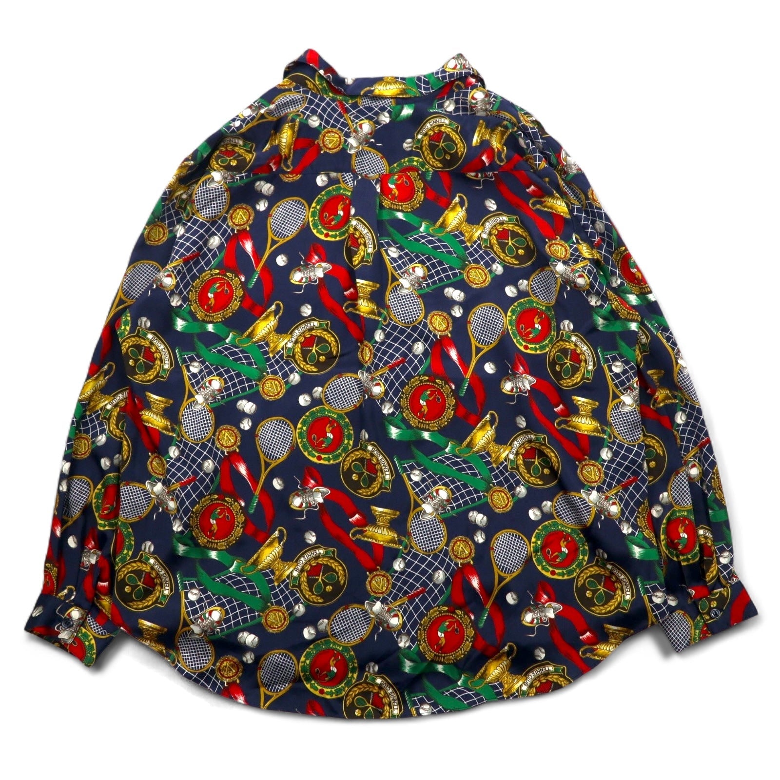 Camicia retrò con collo aperto anni '90, fabbricata in Giappone, motivo a sciarpa Ram Roll, camicia in poliestere, collo aperto, taglia XL, blu navy, stile retrò