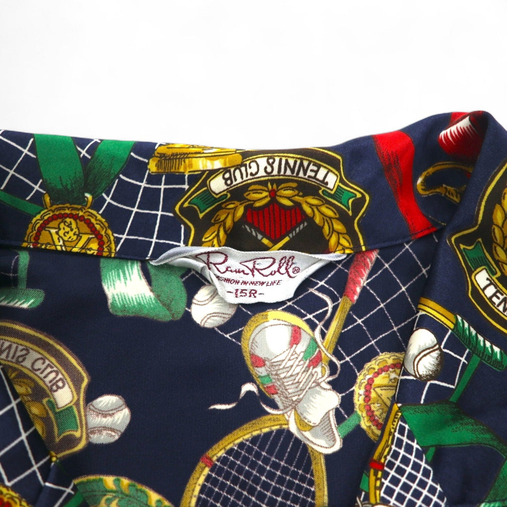 Camicia retrò con collo aperto anni '90, fabbricata in Giappone, motivo a sciarpa Ram Roll, camicia in poliestere, collo aperto, taglia XL, blu navy, stile retrò