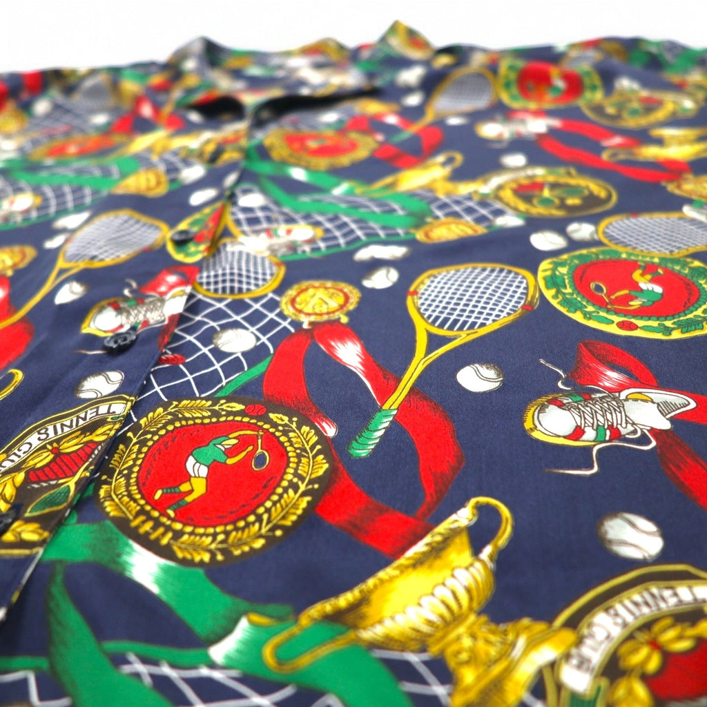 Camicia retrò con collo aperto anni '90, fabbricata in Giappone, motivo a sciarpa Ram Roll, camicia in poliestere, collo aperto, taglia XL, blu navy, stile retrò