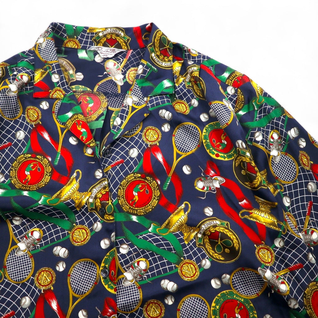 Camicia retrò con collo aperto anni '90, fabbricata in Giappone, motivo a sciarpa Ram Roll, camicia in poliestere, collo aperto, taglia XL, blu navy, stile retrò
