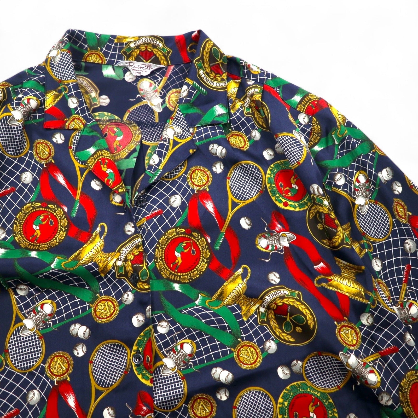 Vintage 90s Japan Made Open Collar Retro Shirt Ram Roll スカーフ柄 オープンカラーシャツ ポリシャツ XL ネイビー レトロ
