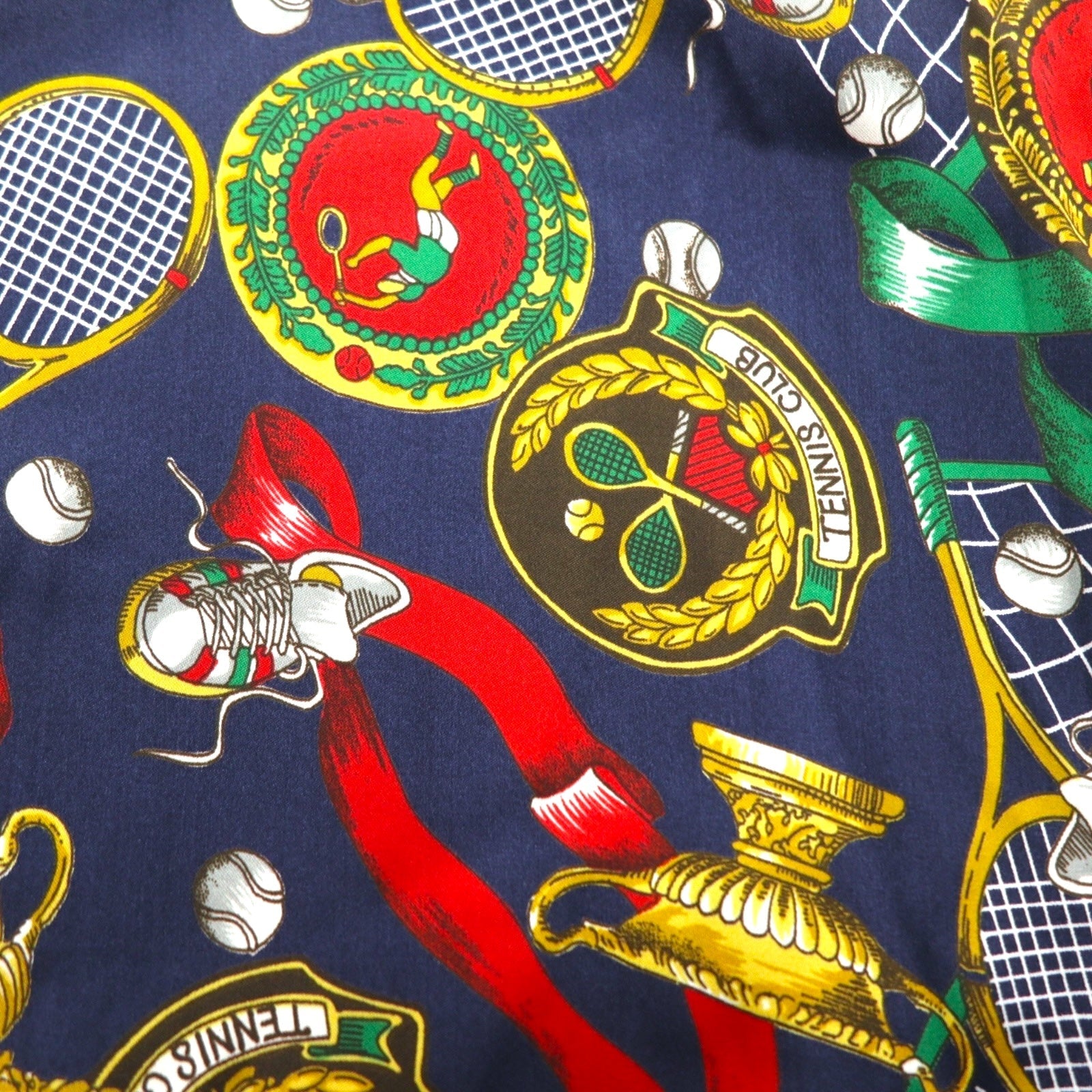 Camicia retrò con collo aperto anni '90, fabbricata in Giappone, motivo a sciarpa Ram Roll, camicia in poliestere, collo aperto, taglia XL, blu navy, stile retrò