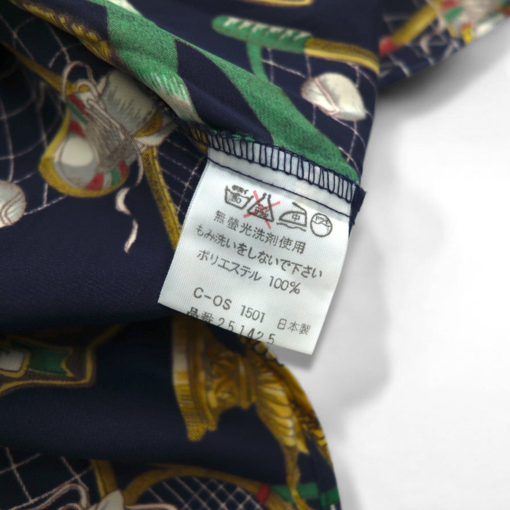 Camicia retrò con collo aperto anni '90, fabbricata in Giappone, motivo a sciarpa Ram Roll, camicia in poliestere, collo aperto, taglia XL, blu navy, stile retrò