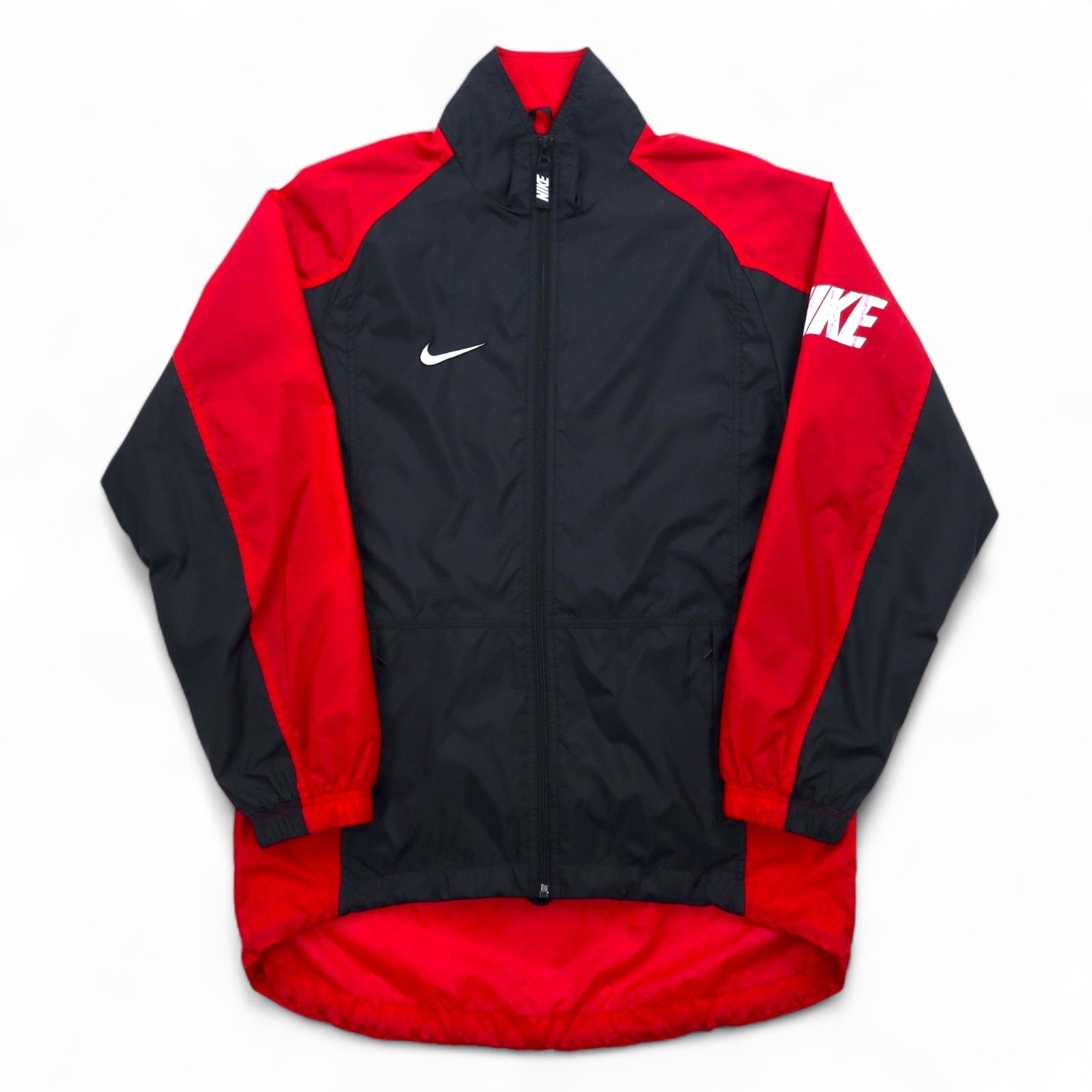 NIKE anni '90, etichetta argento, giacca in nylon, tuta, taglia S, nero, rosso, fishtail, coulisse.