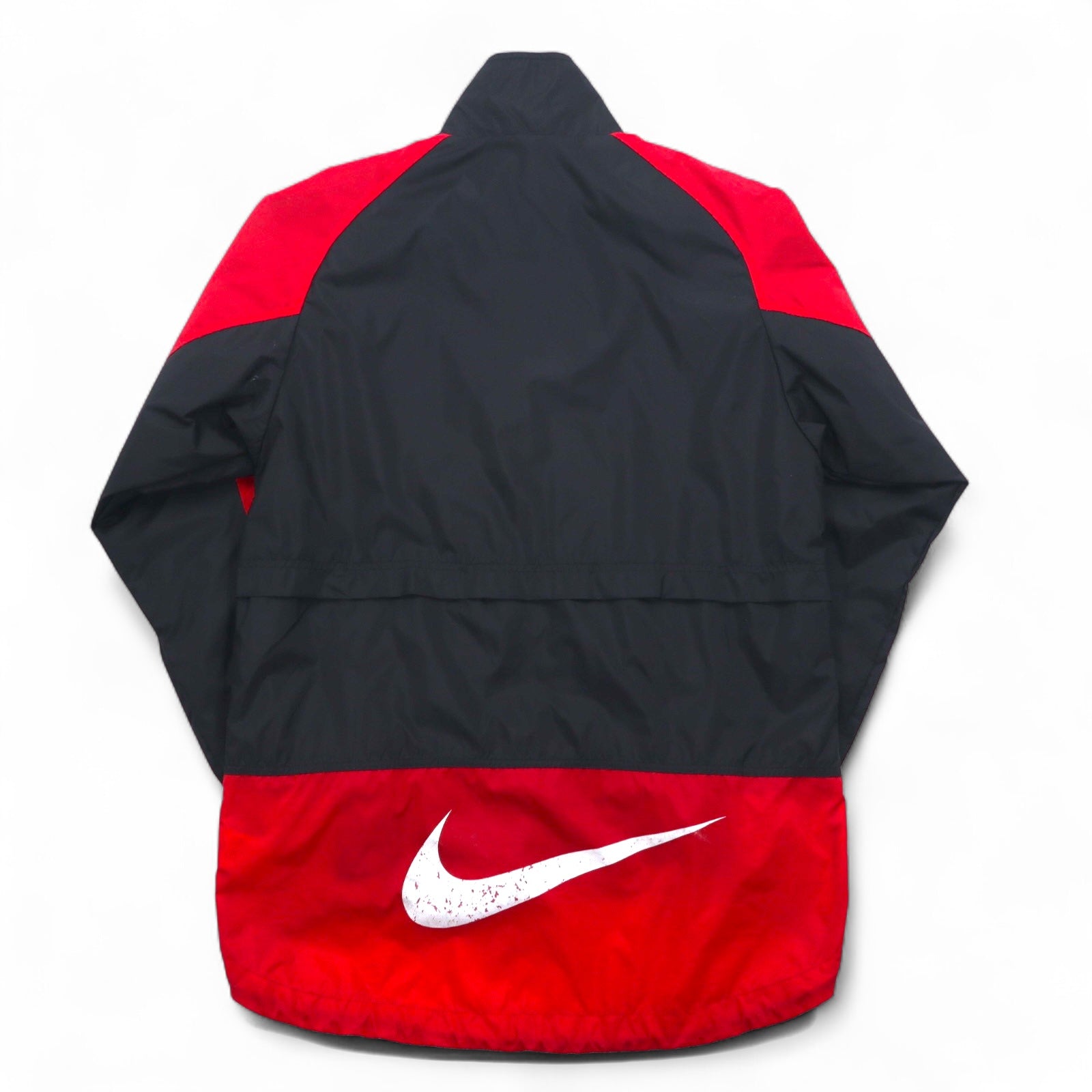 NIKE anni '90, etichetta argento, giacca in nylon, tuta, taglia S, nero, rosso, fishtail, coulisse.