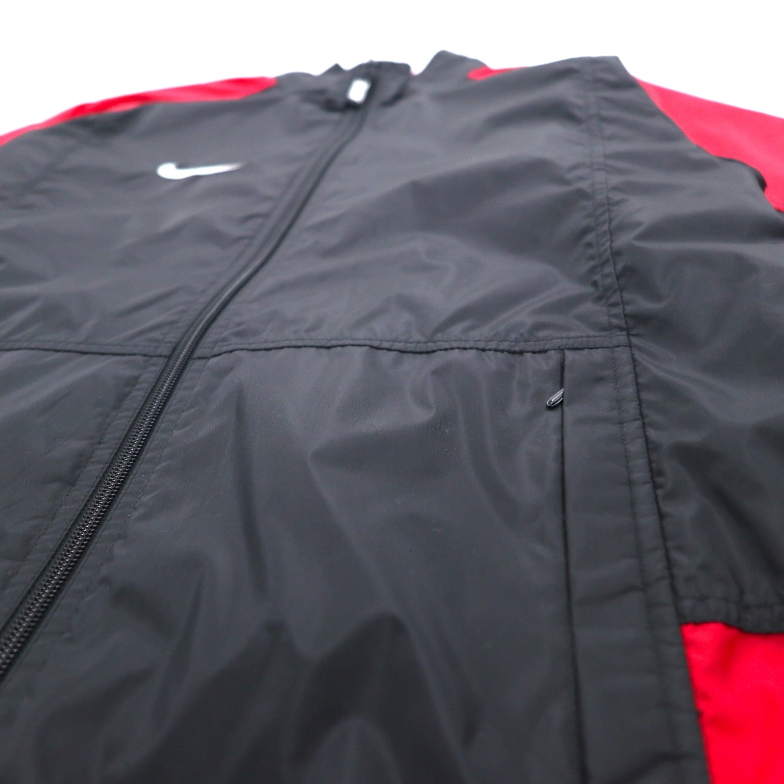 NIKE anni '90, etichetta argento, giacca in nylon, tuta, taglia S, nero, rosso, fishtail, coulisse.