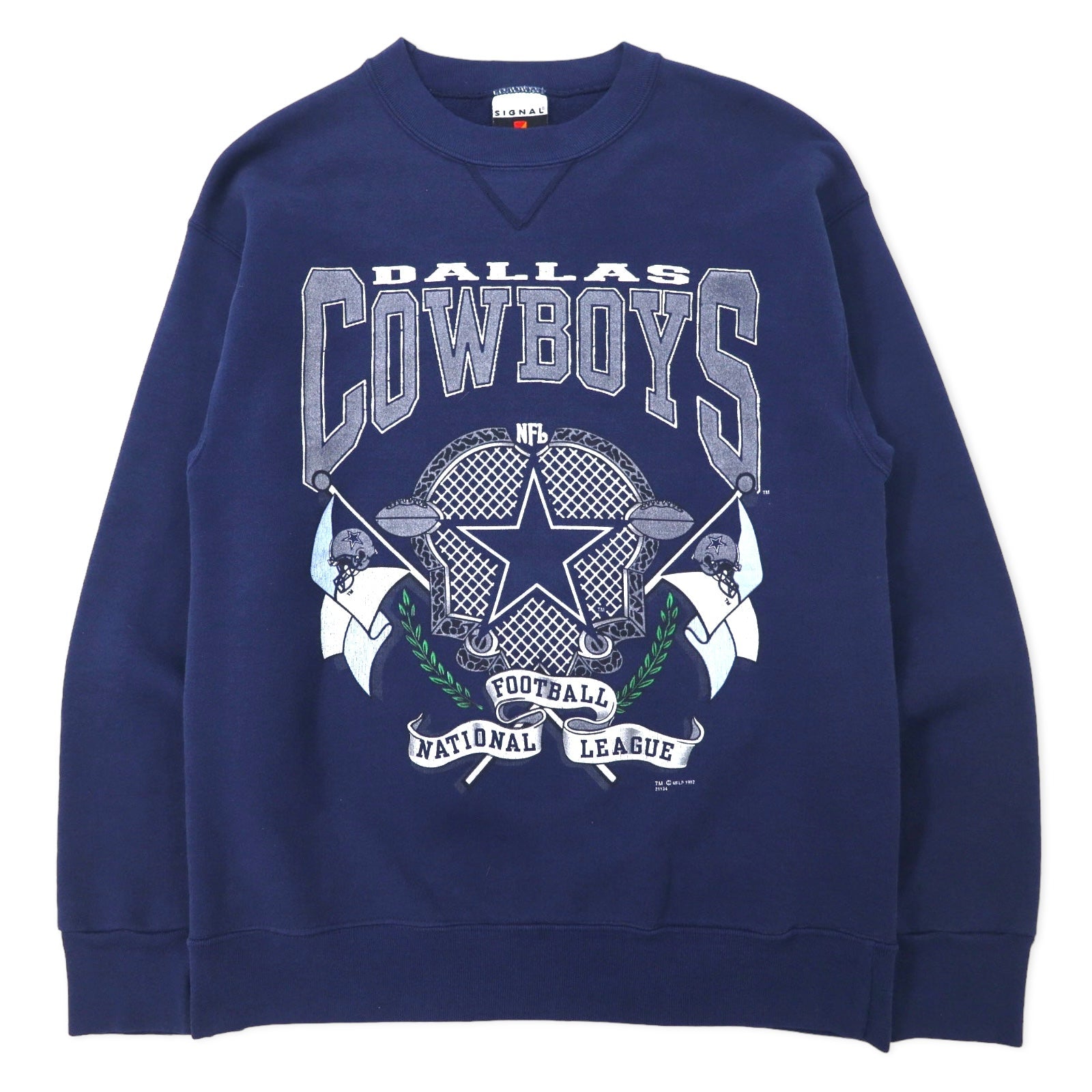 SIGNAL SPORTS Made in USA Anni '90 NFL Felpa stampata L Blu Navy Cotone DALLAS COWBOYS 1992