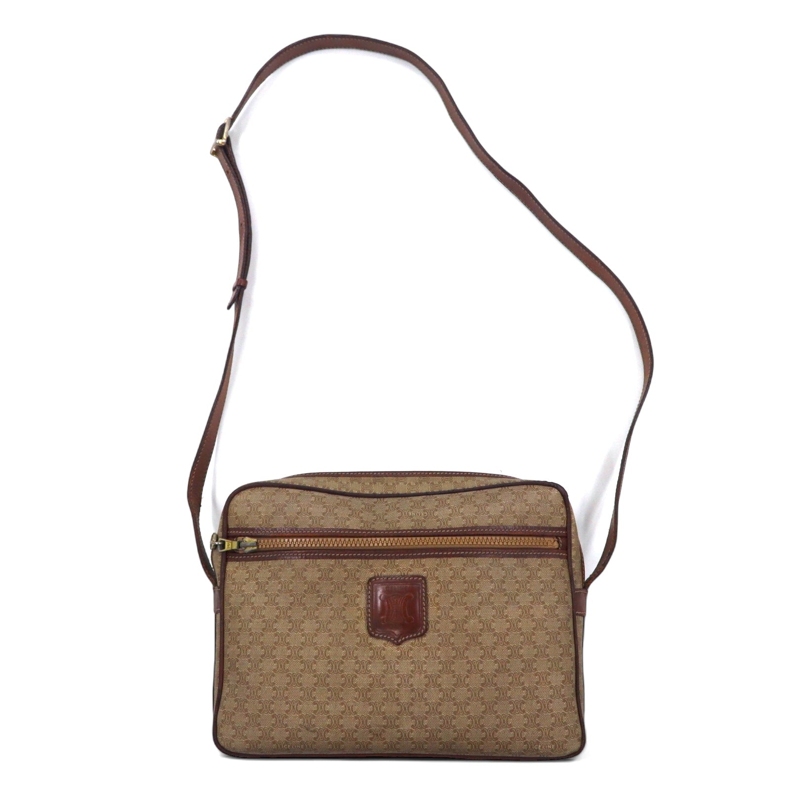 CELINE Made in Italy Old Macadam Pattern Shoulder Bag Beige Leather All-over Pattern Logo Riri Zip M07