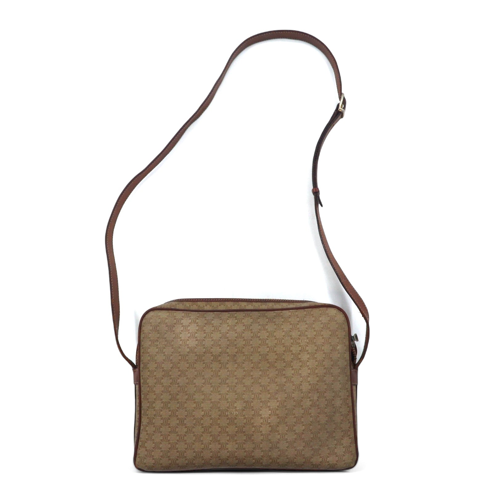 CELINE Made in Italy Old Macadam Pattern Shoulder Bag Beige Leather All-over Pattern Logo Riri Zip M07
