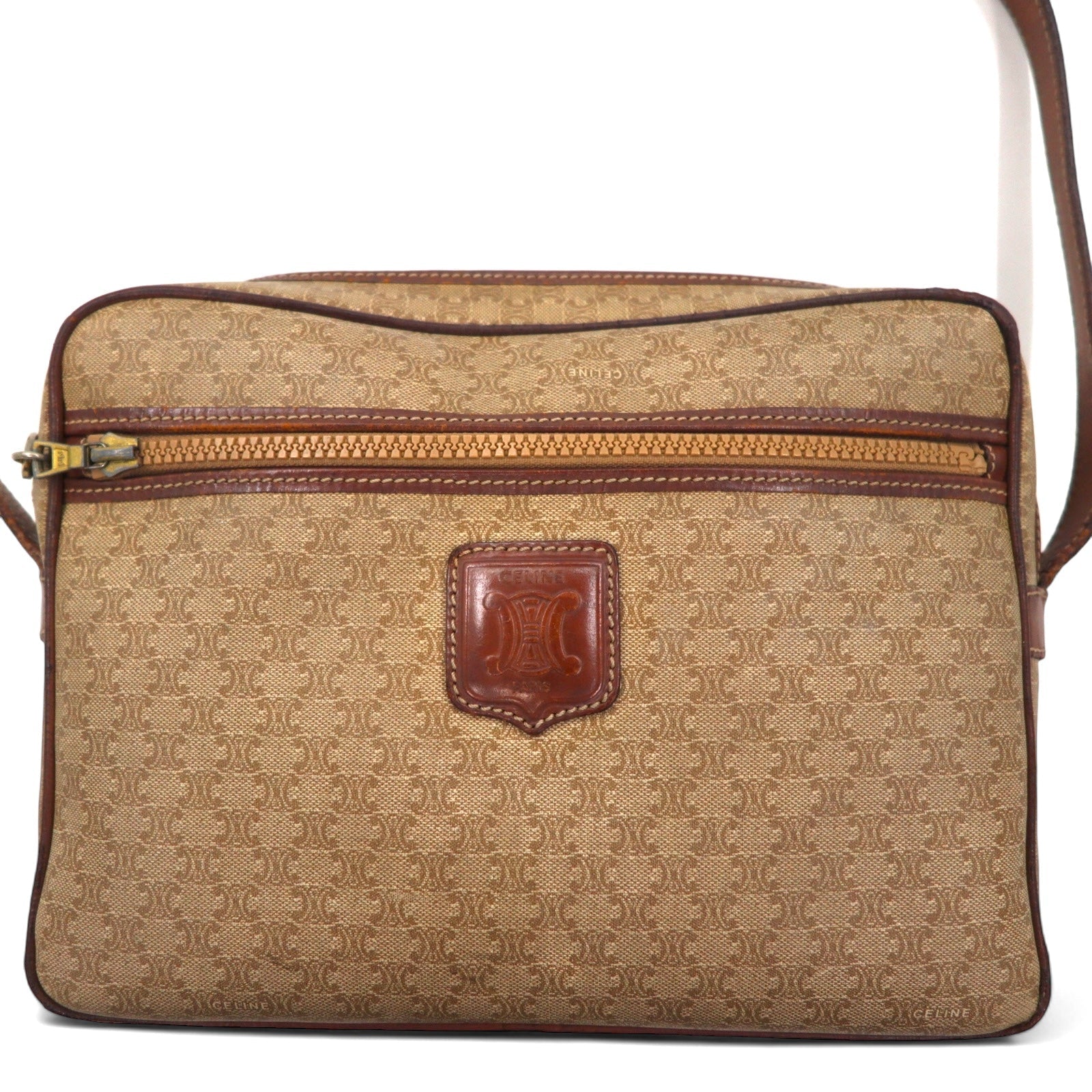 CELINE Made in Italy Old Macadam Pattern Shoulder Bag Beige Leather All-over Pattern Logo Riri Zip M07