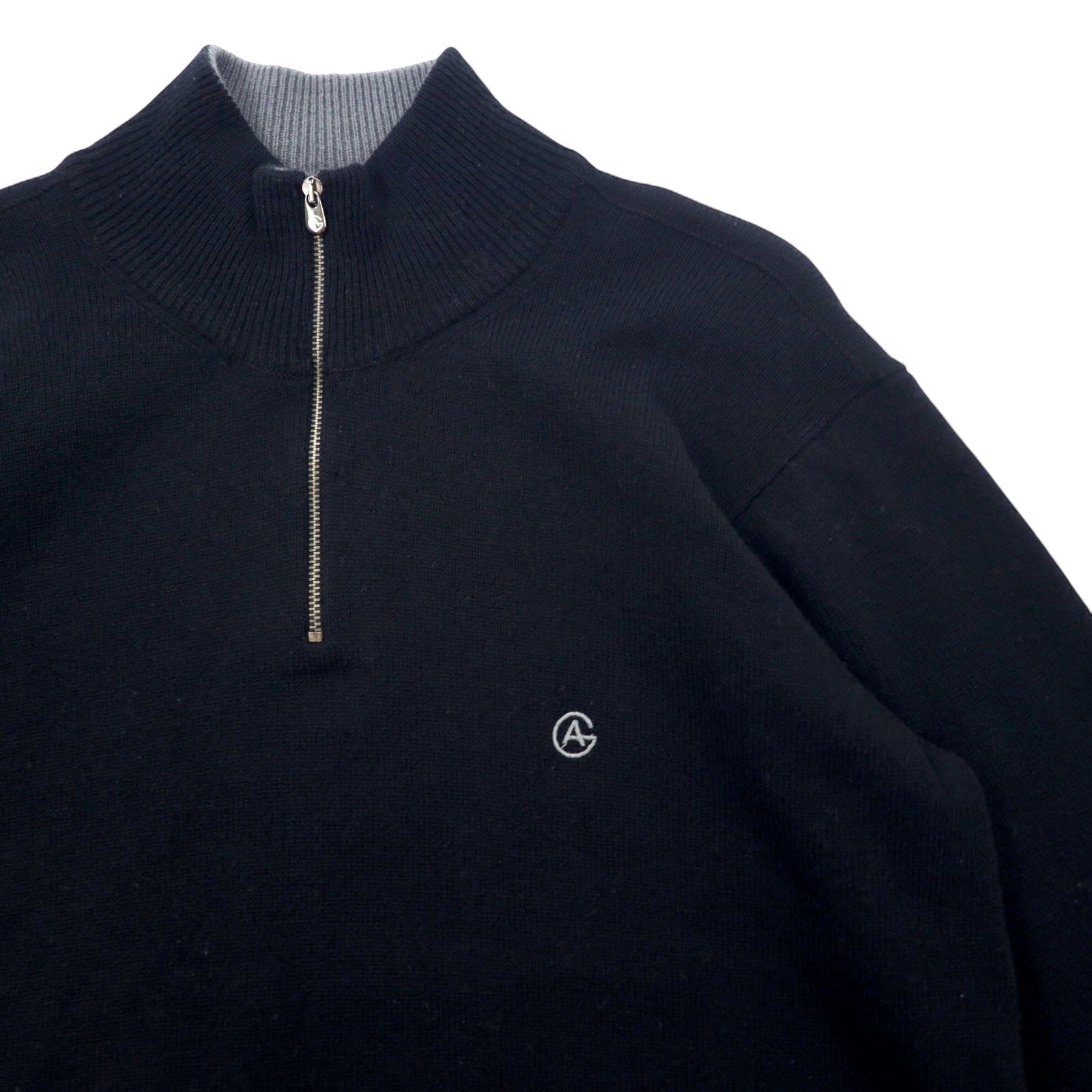 ARMANI COLLEZIONI Maglione in lana di agnello con mezza zip, taglia XL, nero, logo ricamato, made in Slovacchia