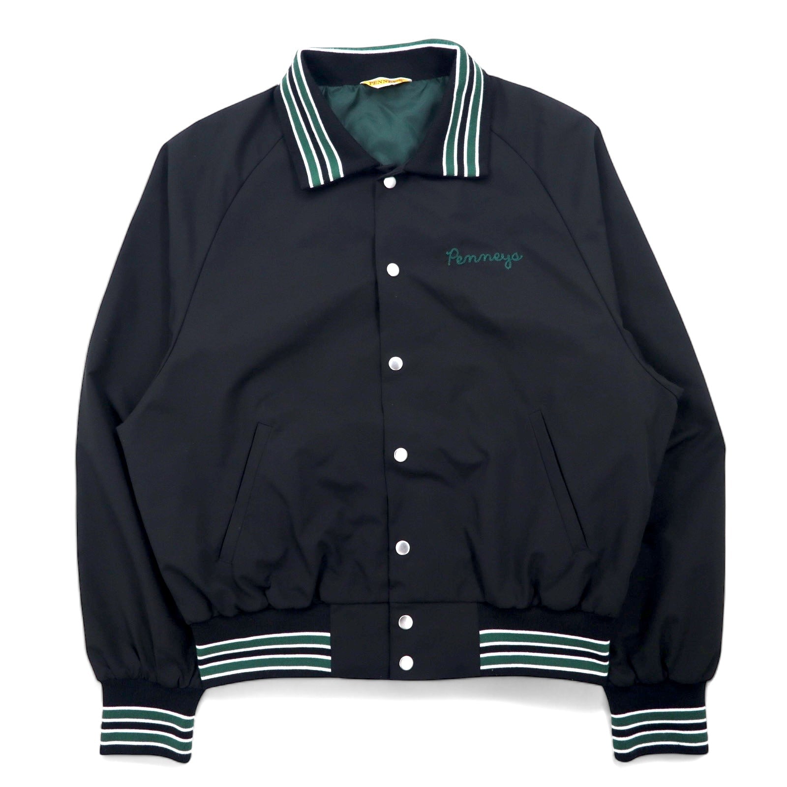 PENNEY'S Varsity Jacket Giacca Coach Taglia L Nera Poliestere Ricamo logo impuntura a catenella S22-GR-15