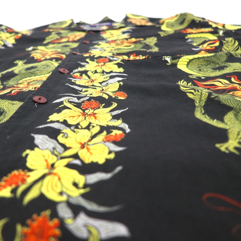 Camicia Aloha LATITUDE 32, anni '90, Made in USA, con colletto aperto, taglia 3XL, oversize, motivo intero, draghi e ibisco, colore nero.