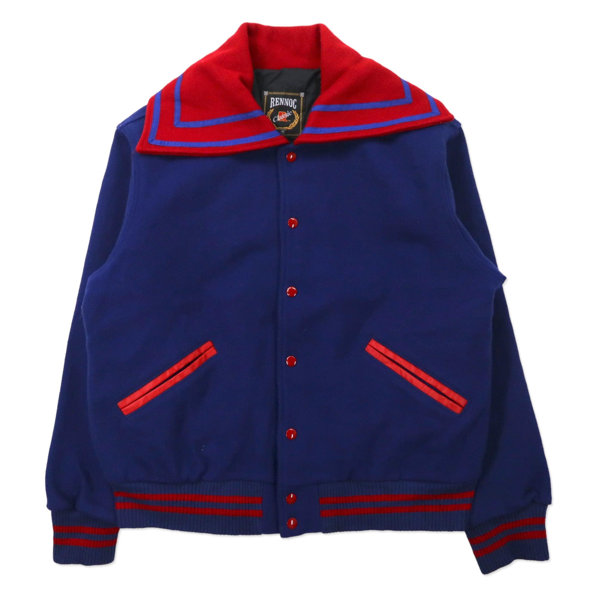 Giacca stile baseball RENNOC anni '90, made in USA, collo alla marinara, taglia M, blu, in lana.