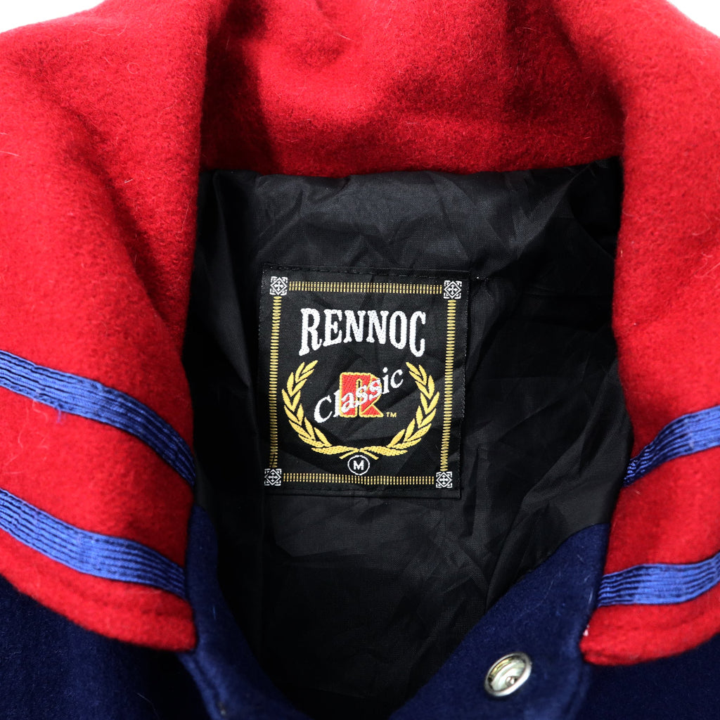 Giacca stile baseball RENNOC anni '90, made in USA, collo alla marinara, taglia M, blu, in lana.
