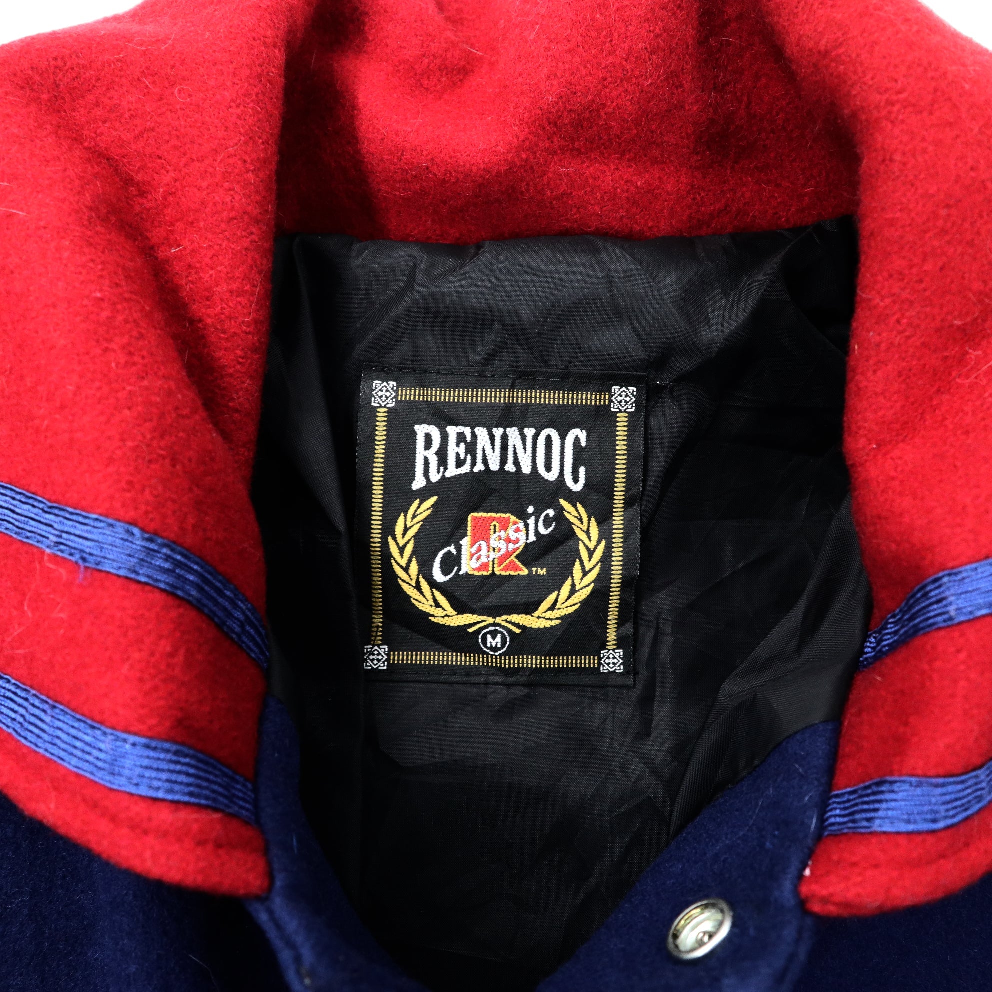 Giacca stile baseball RENNOC anni '90, made in USA, collo alla marinara, taglia M, blu, in lana.
