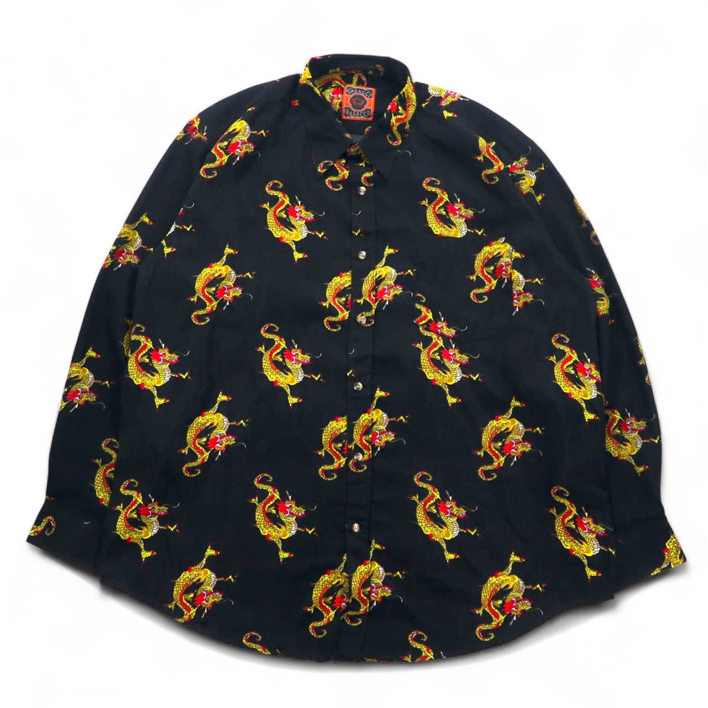 Camicia vintage anni '90 con motivo drago cinese DAGACCI, in poliestere, taglia XL, nera, fantasia all-over con drago