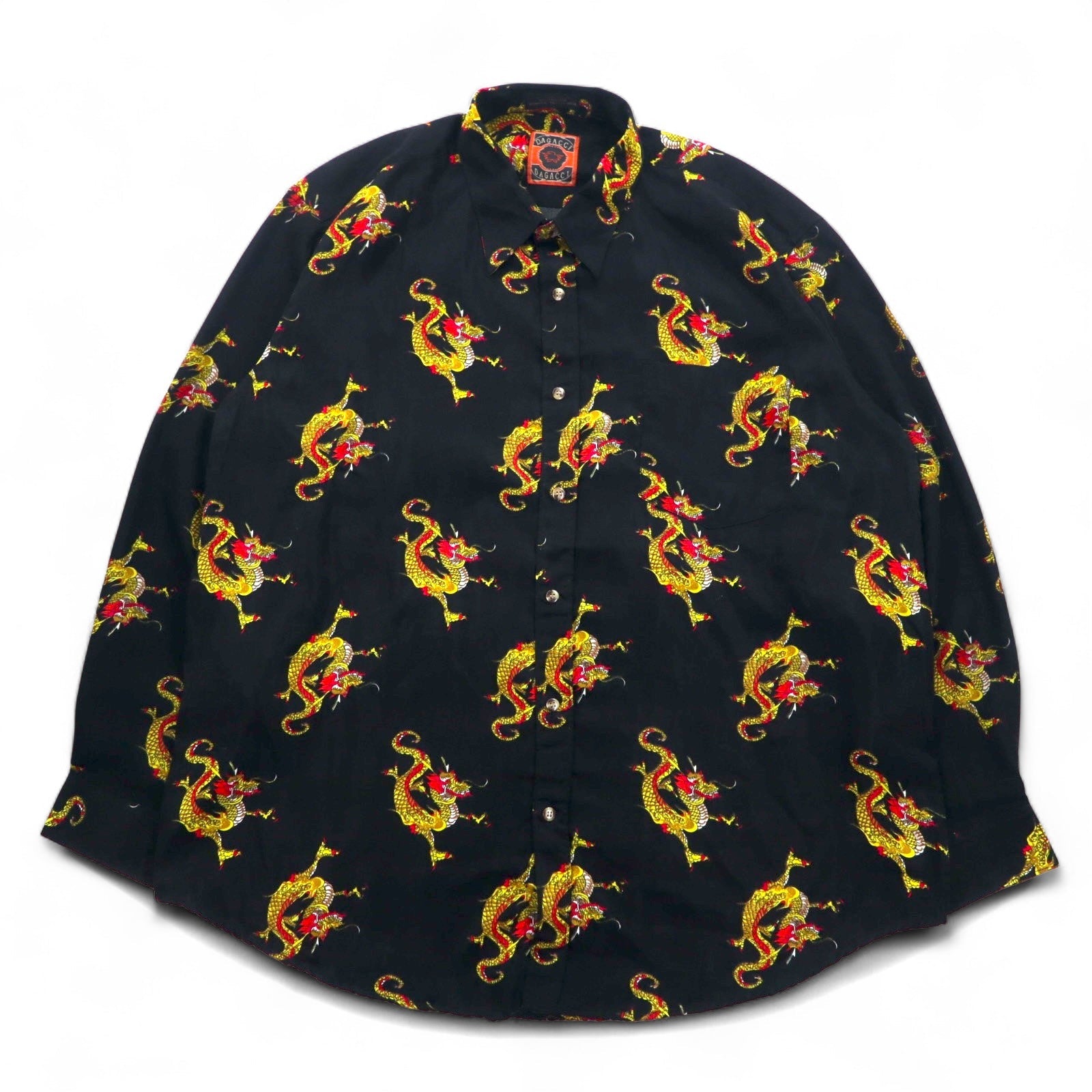 Camicia vintage anni '90 con motivo drago cinese DAGACCI, in poliestere, taglia XL, nera, fantasia all-over con drago