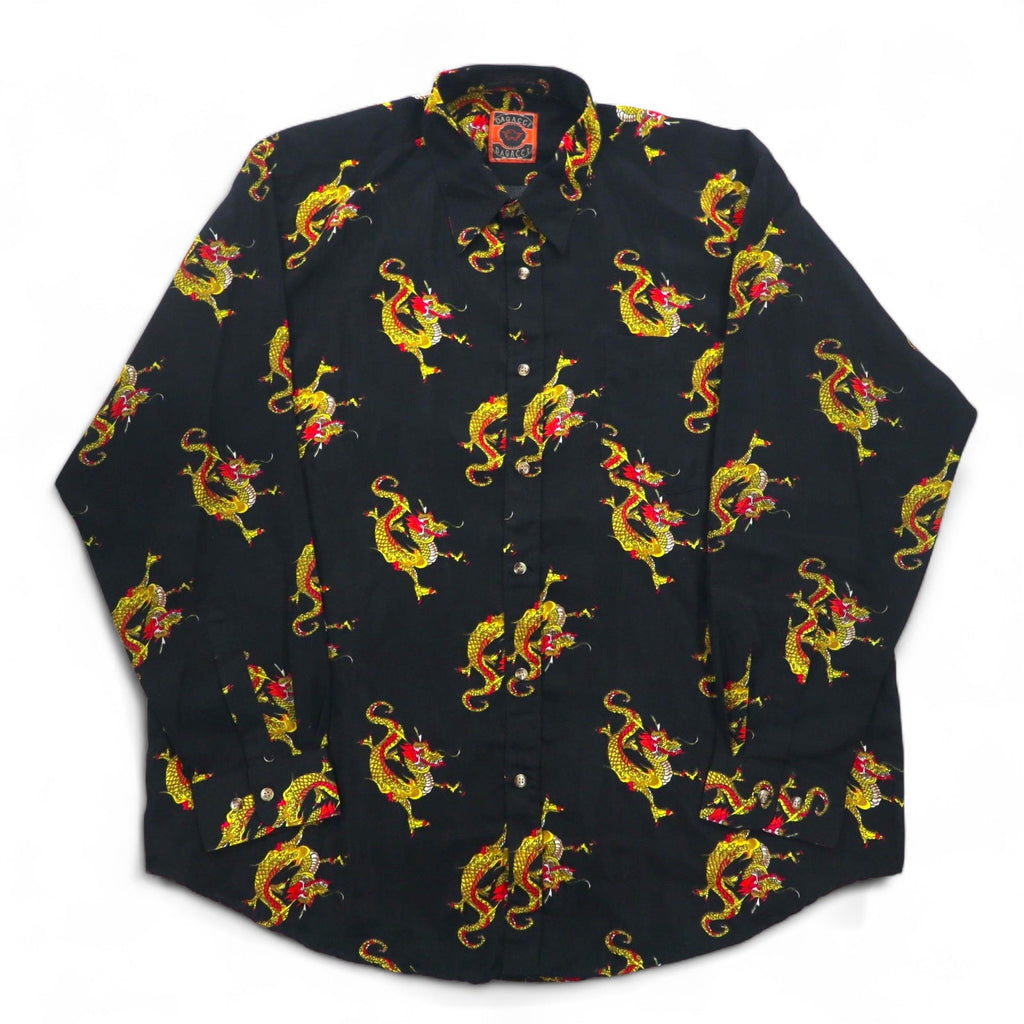 Camicia vintage anni '90 con motivo drago cinese DAGACCI, in poliestere, taglia XL, nera, fantasia all-over con drago