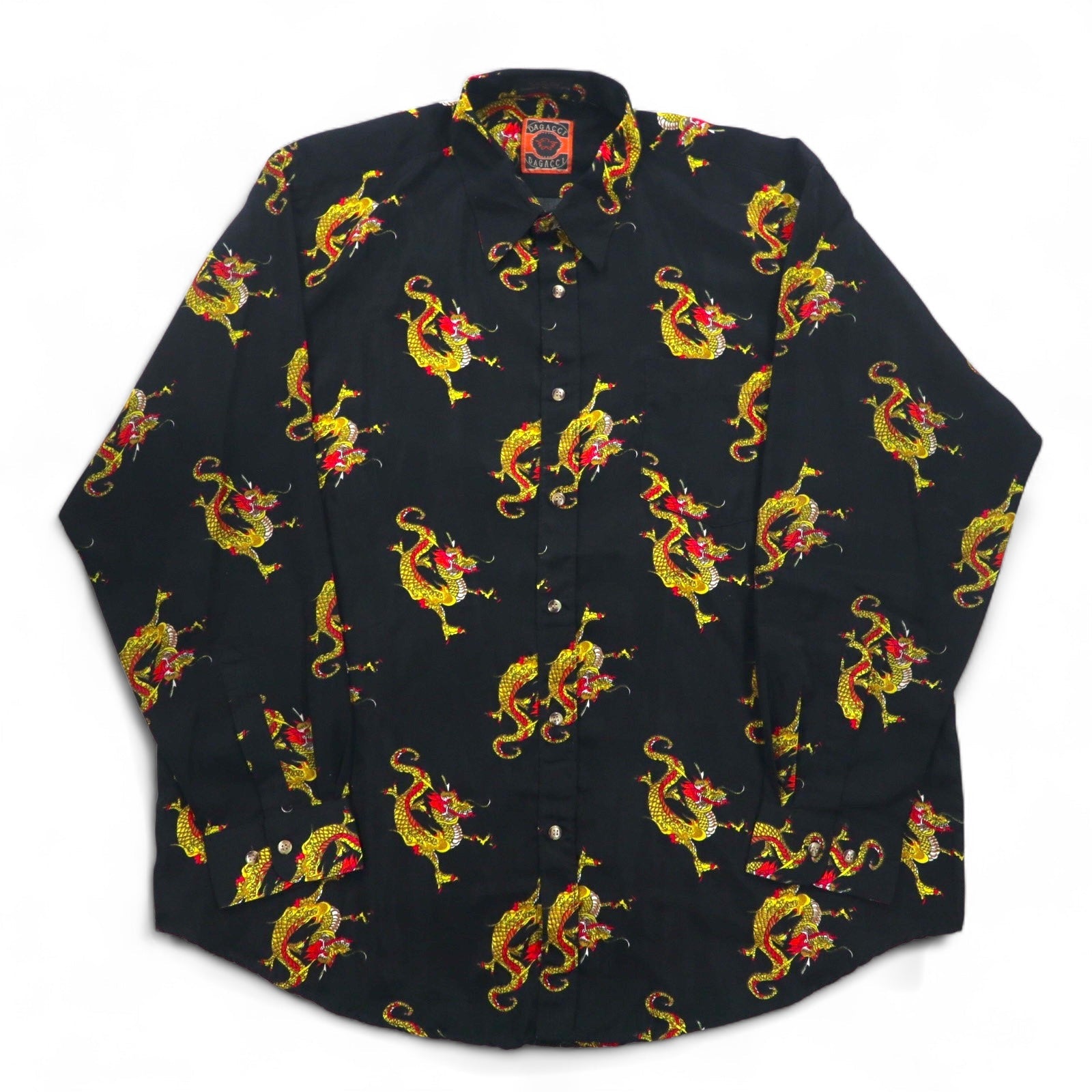 Camicia vintage anni '90 con motivo drago cinese DAGACCI, in poliestere, taglia XL, nera, fantasia all-over con drago