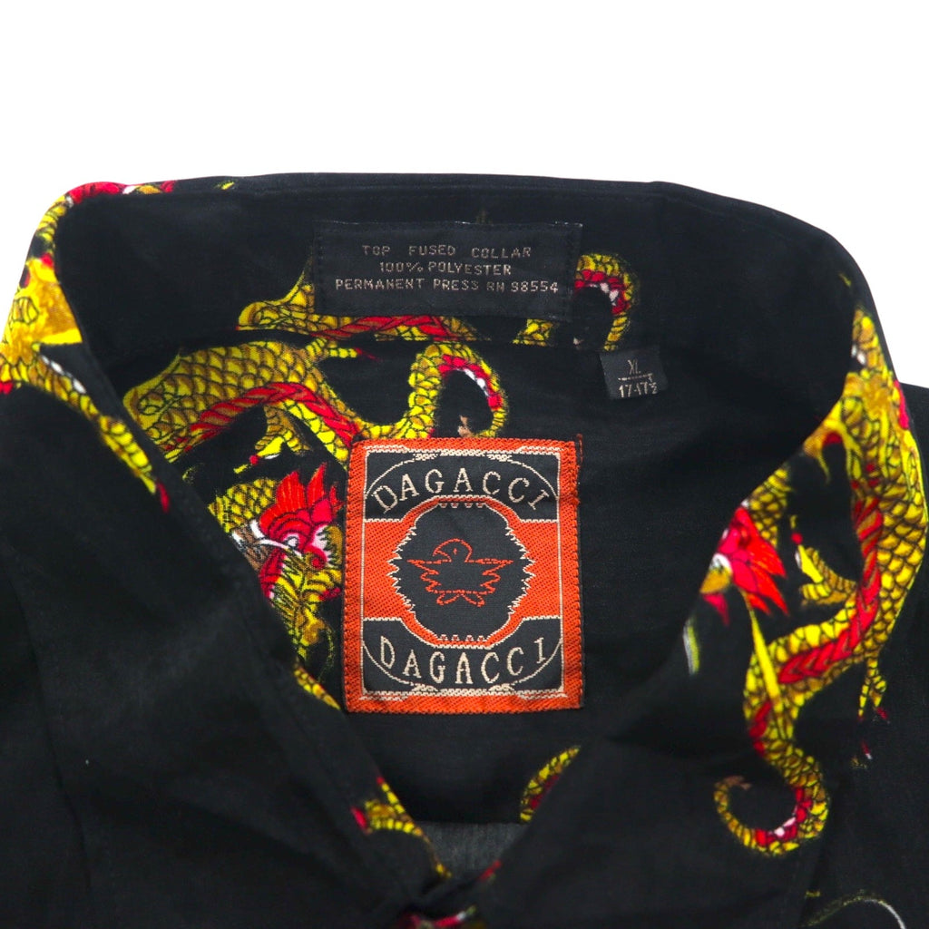 Camicia vintage anni '90 con motivo drago cinese DAGACCI, in poliestere, taglia XL, nera, fantasia all-over con drago