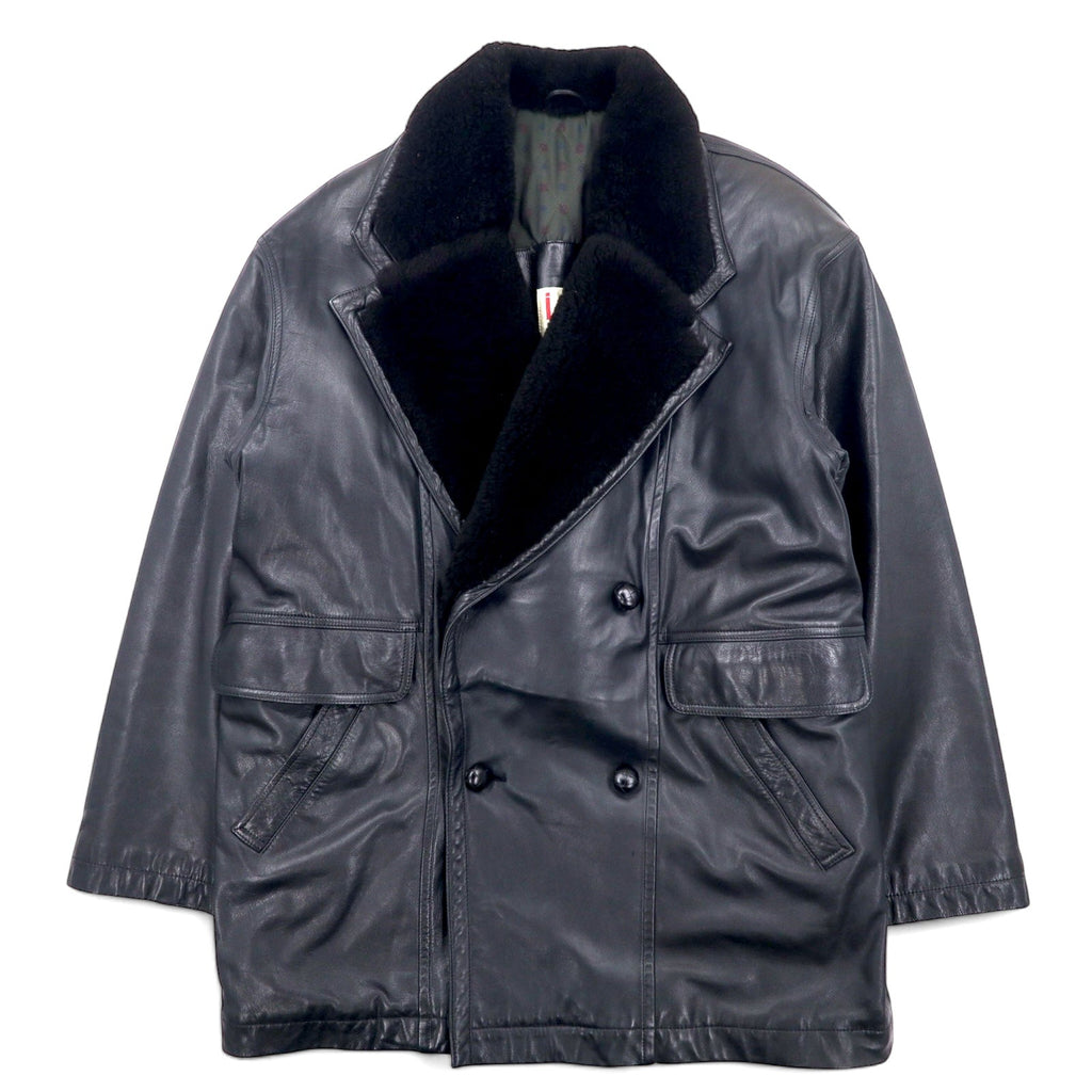 iDEE-MODA Cappotto in pelle a doppio petto, taglia L, nero, in pelle bovina con interno foderato in pelliccia e fantasia paisley, prodotto in Giappone.