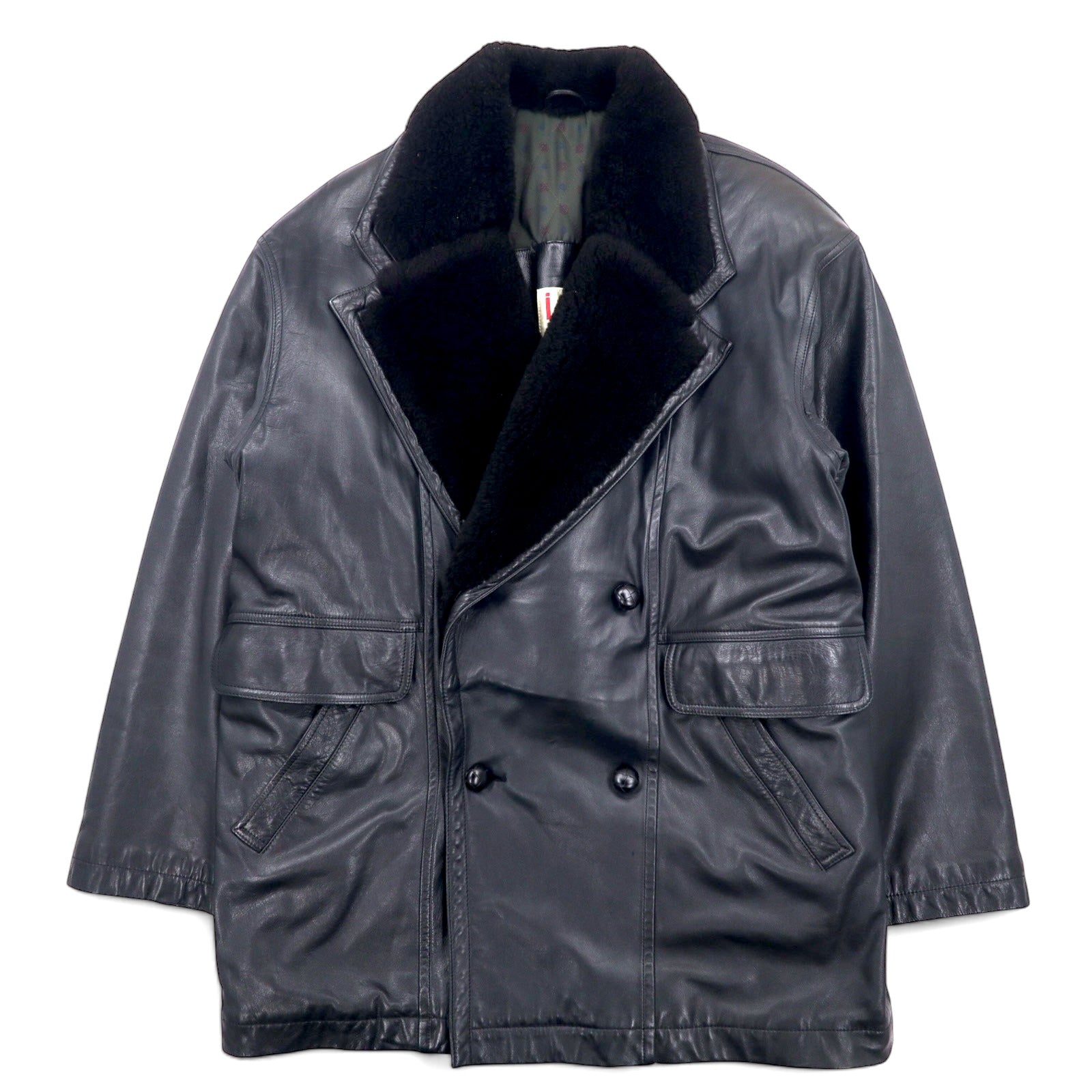 iDEE-MODA Cappotto in pelle a doppio petto, taglia L, nero, in pelle bovina con interno foderato in pelliccia e fantasia paisley, prodotto in Giappone.