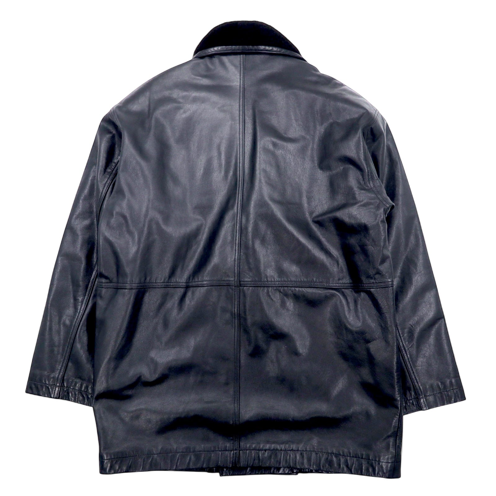 iDEE-MODA Cappotto in pelle a doppio petto, taglia L, nero, in pelle bovina con interno foderato in pelliccia e fantasia paisley, prodotto in Giappone.