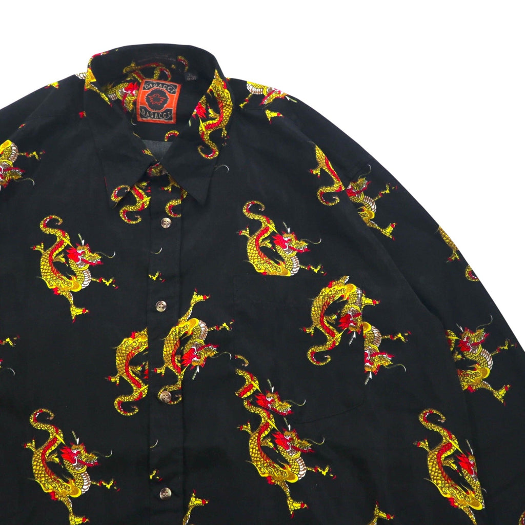Camicia vintage anni '90 con motivo drago cinese DAGACCI, in poliestere, taglia XL, nera, fantasia all-over con drago