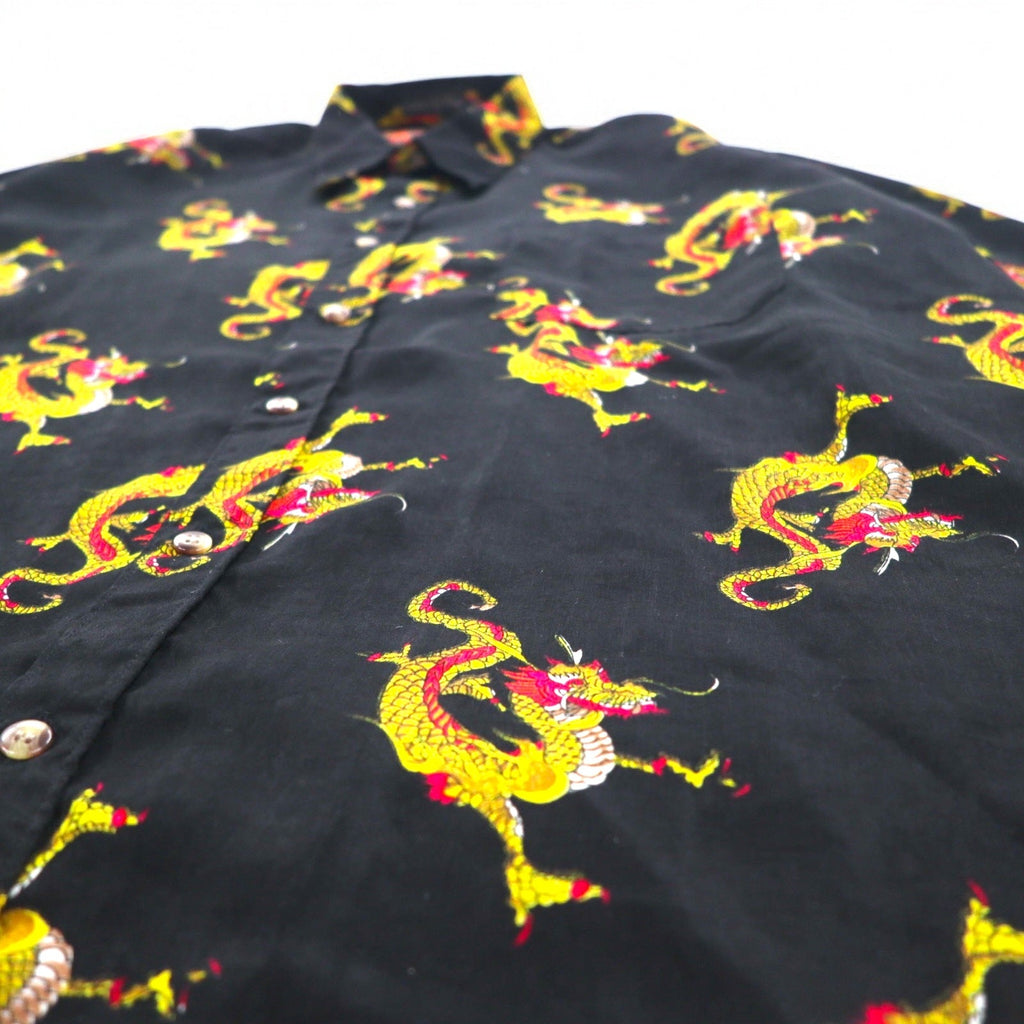 Camicia vintage anni '90 con motivo drago cinese DAGACCI, in poliestere, taglia XL, nera, fantasia all-over con drago