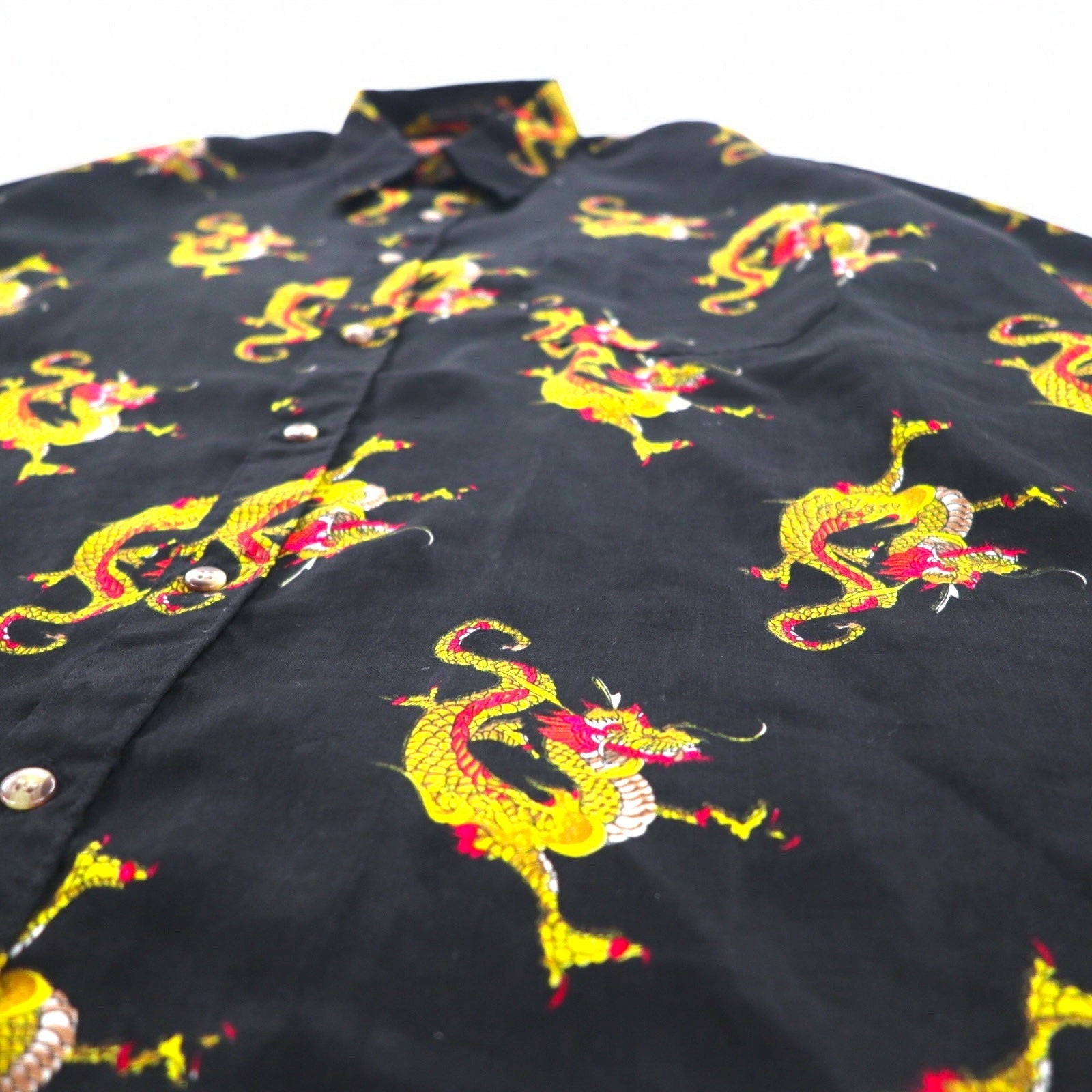 Camicia vintage anni '90 con motivo drago cinese DAGACCI, in poliestere, taglia XL, nera, fantasia all-over con drago
