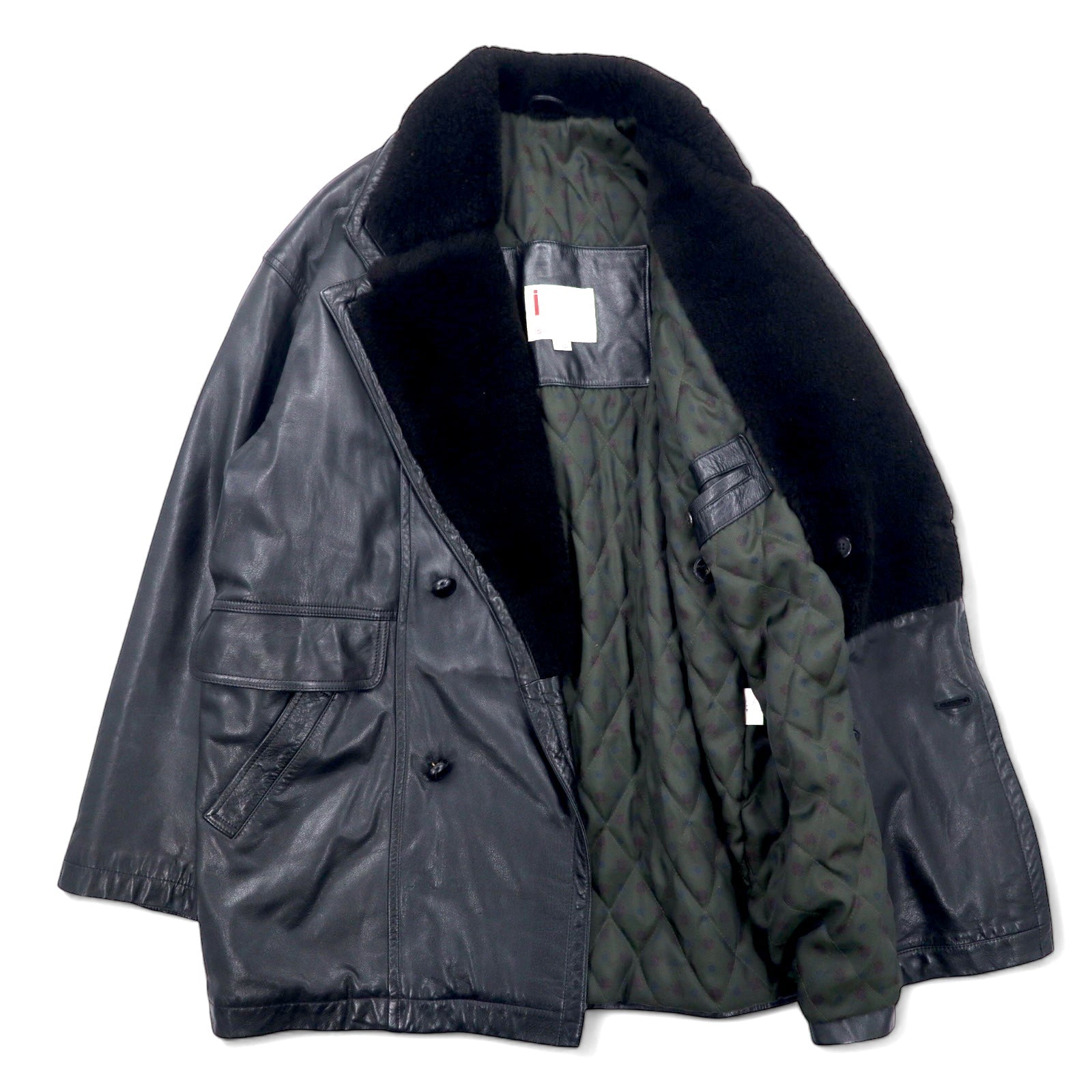 iDEE-MODA Cappotto in pelle a doppio petto, taglia L, nero, in pelle bovina con interno foderato in pelliccia e fantasia paisley, prodotto in Giappone.